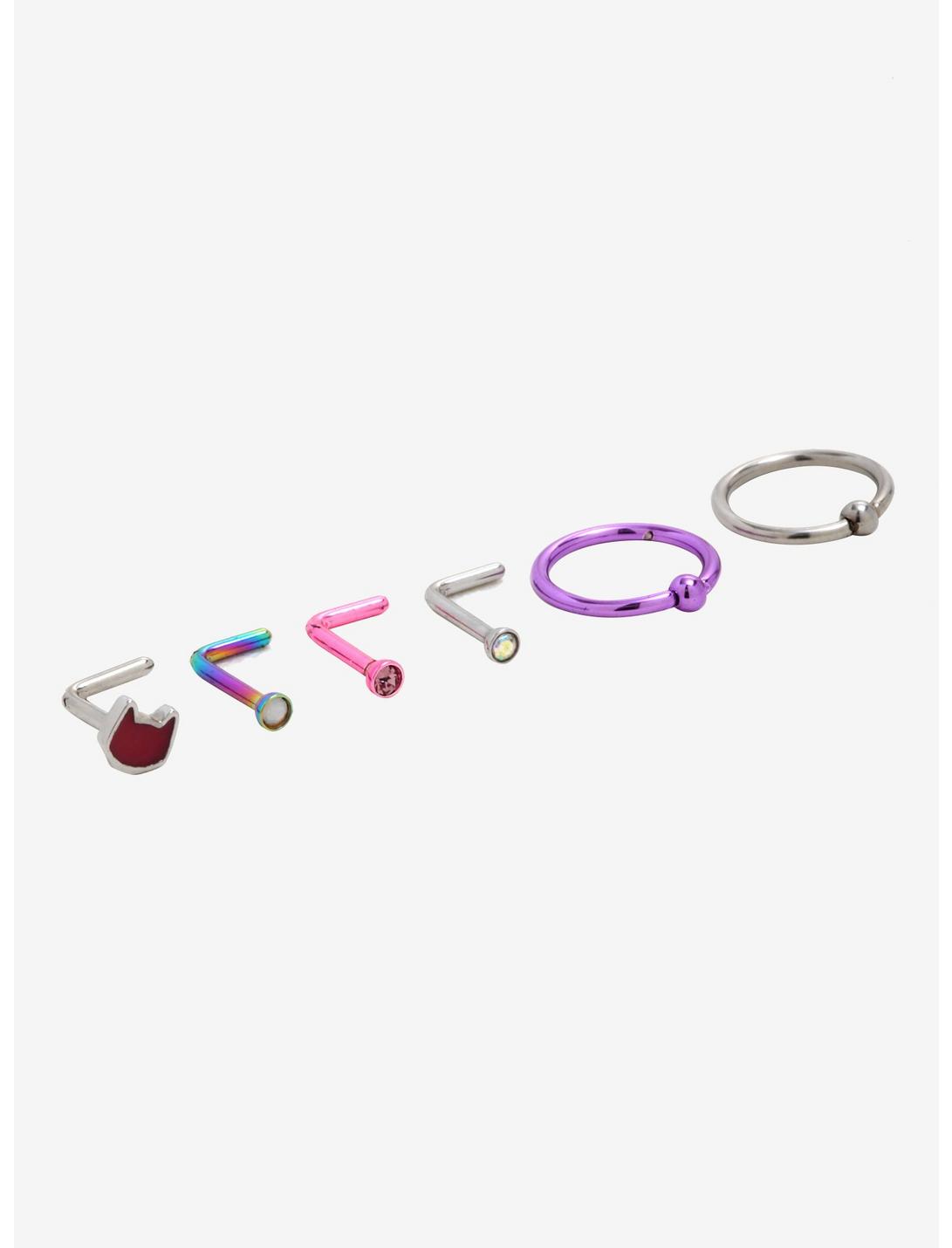 Steel Pink & Purple Nose Stud & Hoop 6 Pack, MULTI, hi-res