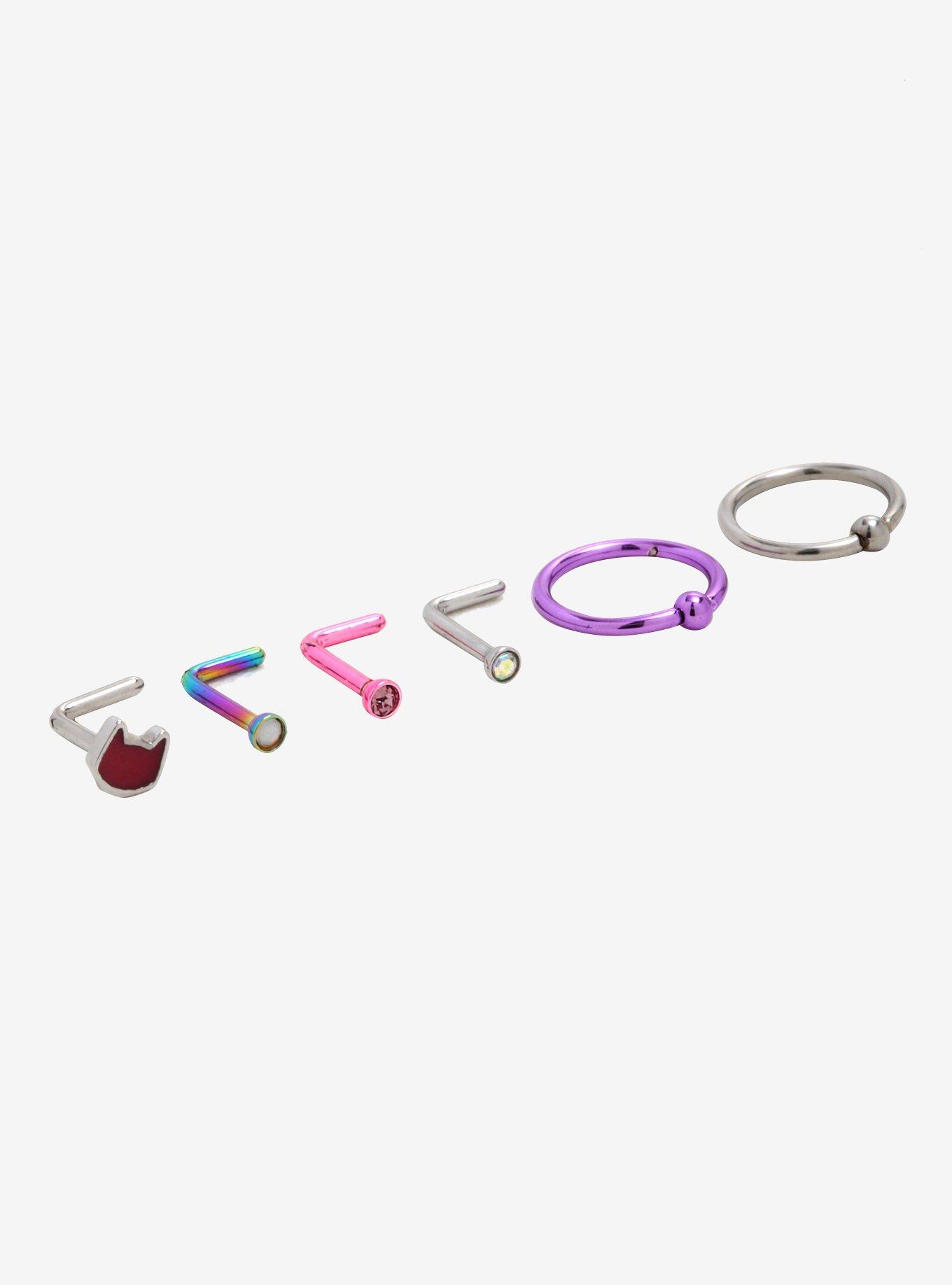 Steel Pink & Purple Nose Stud & Hoop 6 Pack, MULTI, hi-res