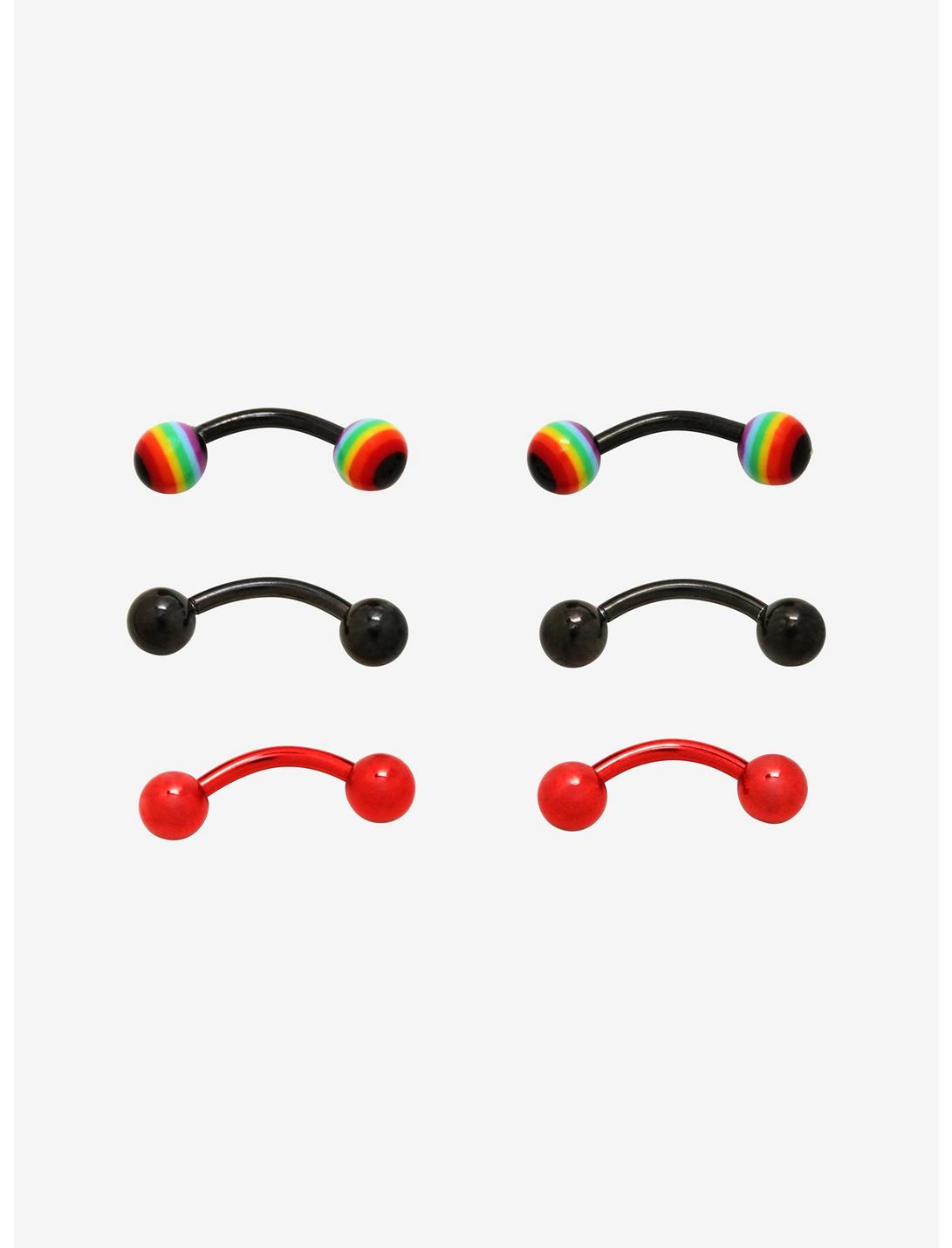 Red Black & Rainbow Eyebrow Barbell 6 Pack, MULTI, hi-res
