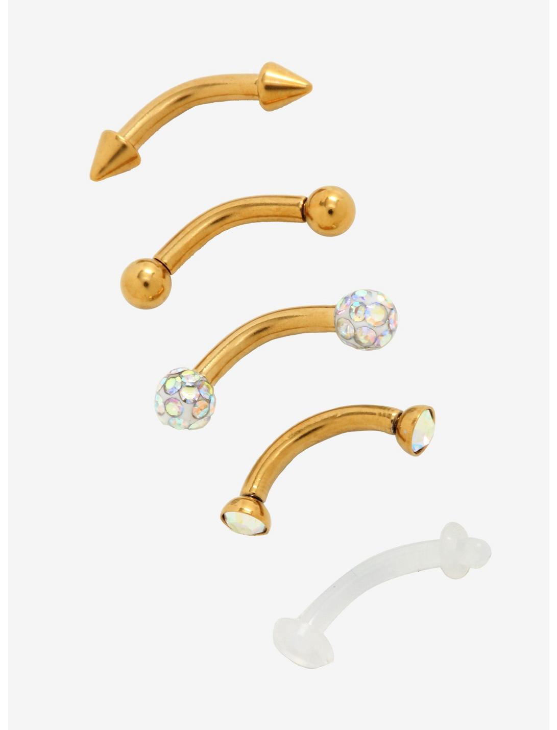 Steel Gold Iridescent CZ Eyebrow Barbell 5 Pack, GOLD, hi-res