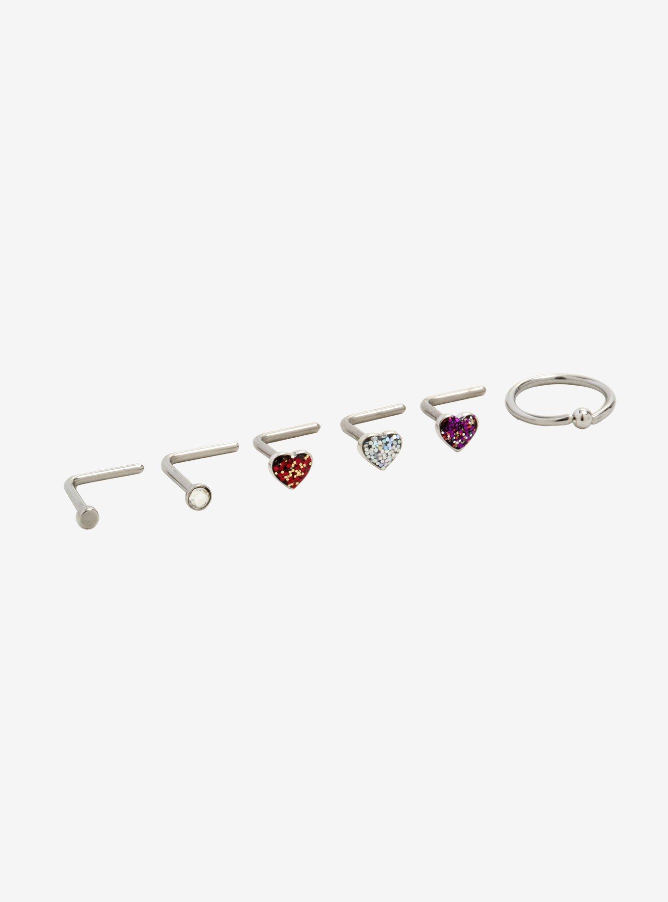 Steel Glitter Heart Nose Stud & Hoop 6 Pack, MULTI, hi-res