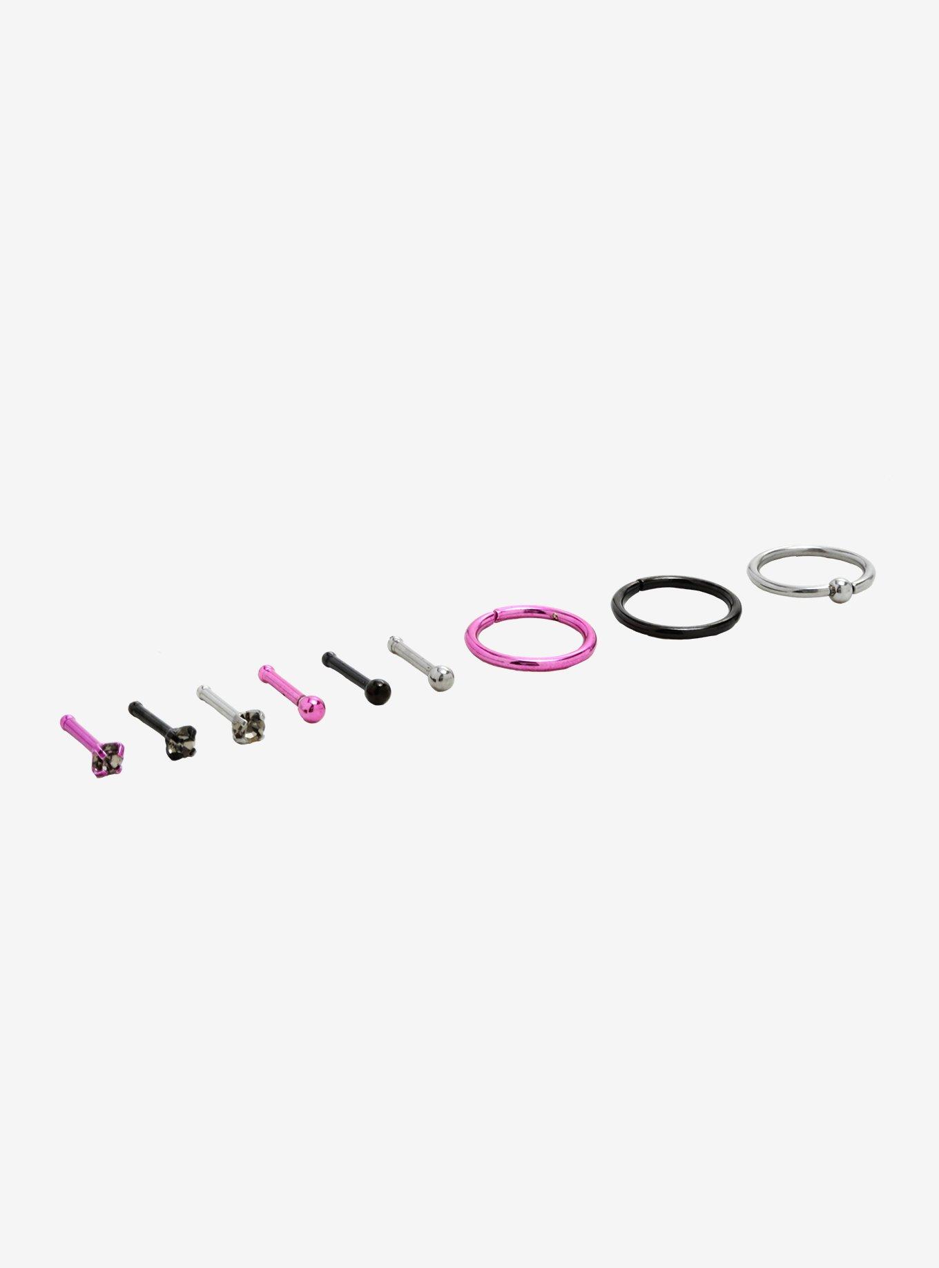 Steel Pink & Black CZ Nose Stud & Hoop 9 Pack, MULTI, hi-res