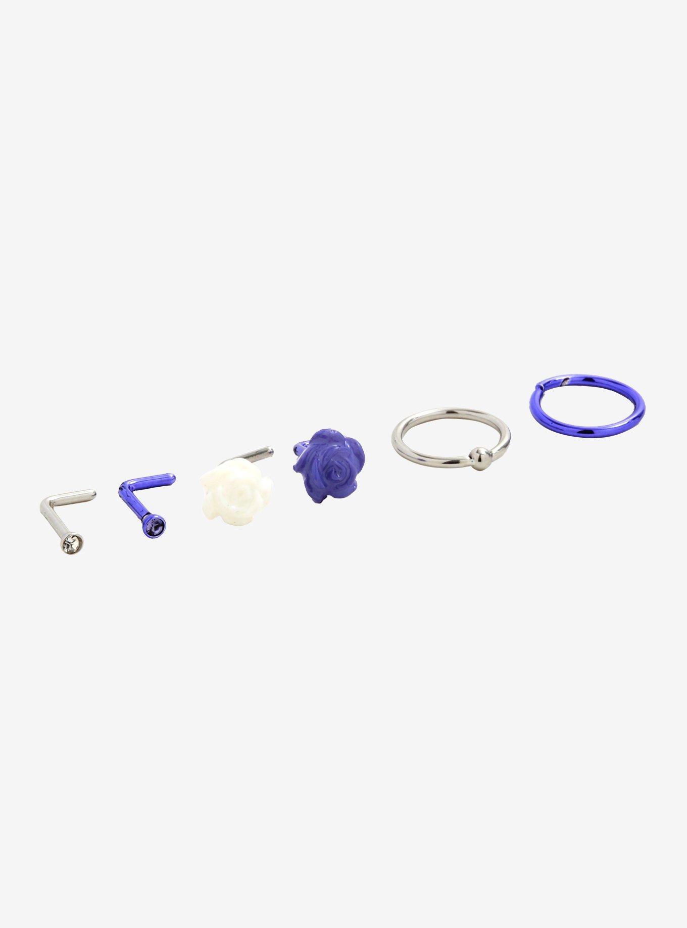 Steel Purple & White Rose Nose Stud & Hoop 6 Pack, MULTI, hi-res