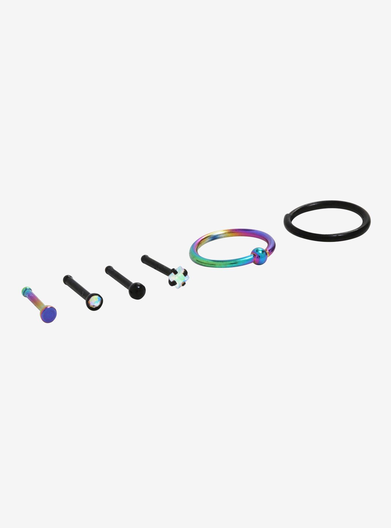 Steel Rainbow & Black Nose Stud & Hoop 6 Pack, MULTI, hi-res