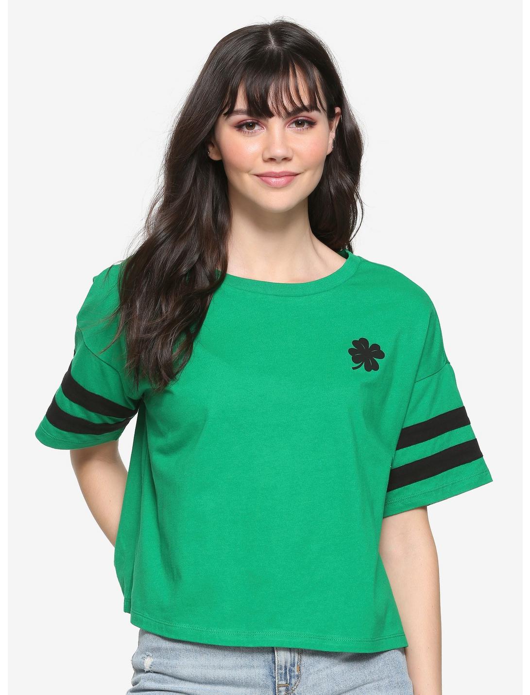 Four-Leaf Clover Varsity Girls Crop T-Shirt, GREEN, hi-res