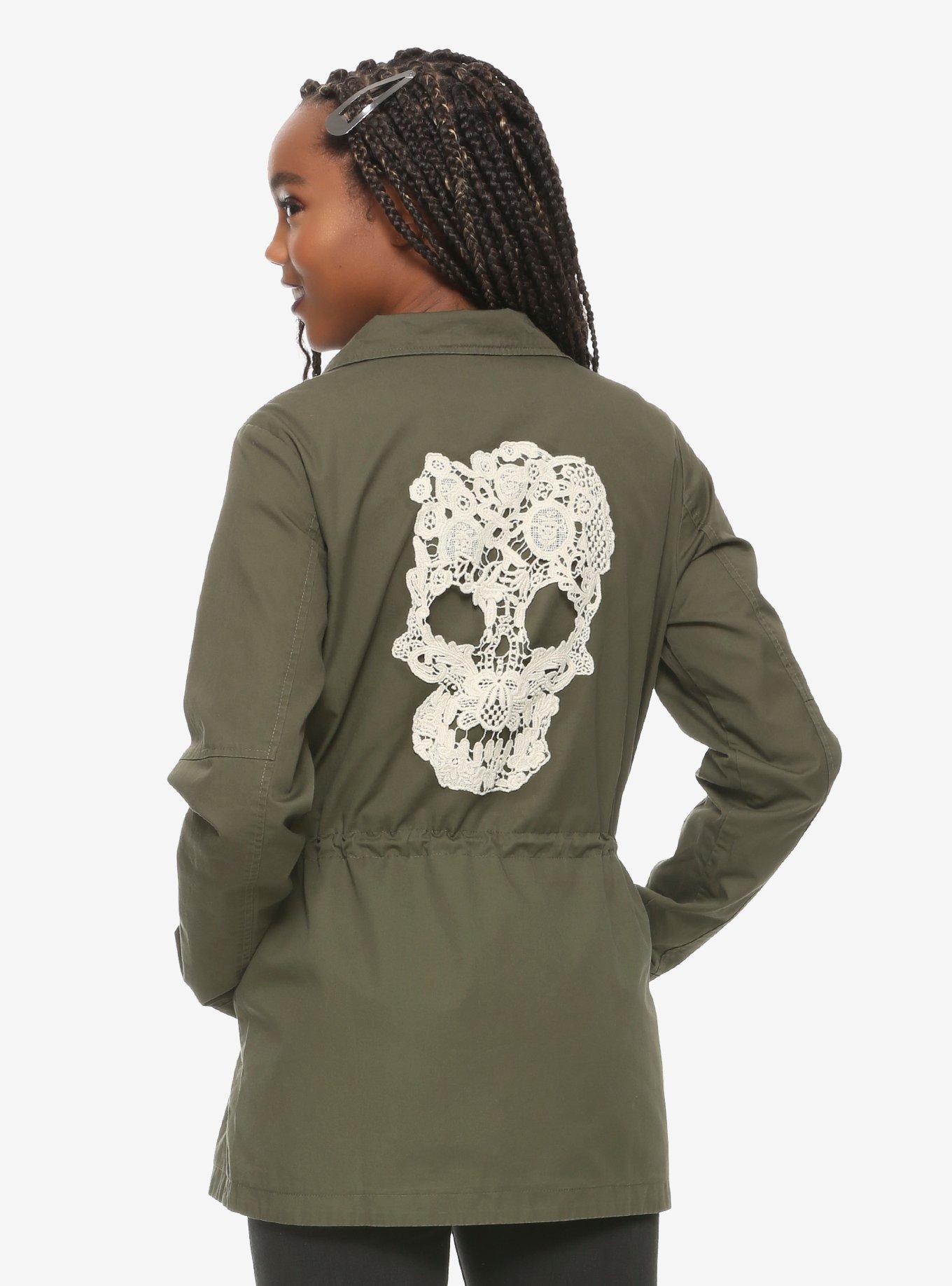 Crochet Skull Green Girls Cargo Jacket, GREEN, hi-res