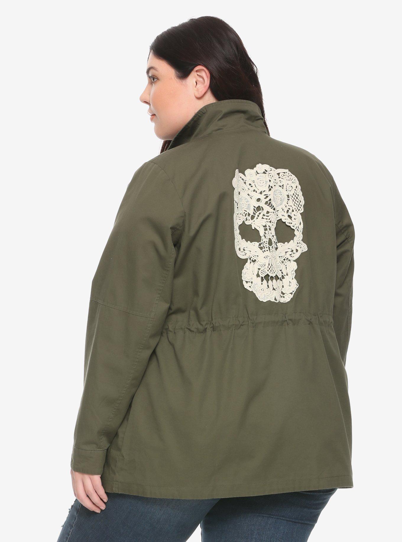 Crochet Skull Green Girls Cargo Jacket Plus Size, GREEN, hi-res