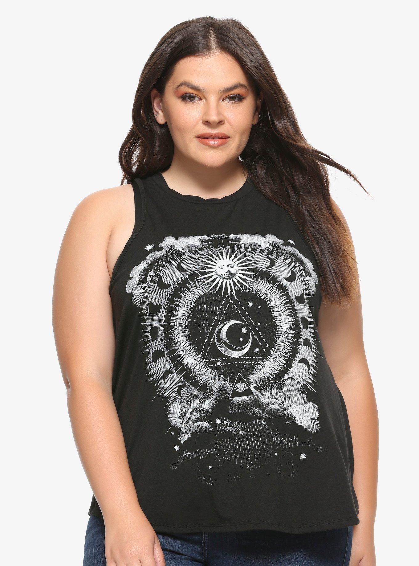 Black & White Sun Moon Girls Chiffon Back Tank Top Plus Size, BLACK, hi-res