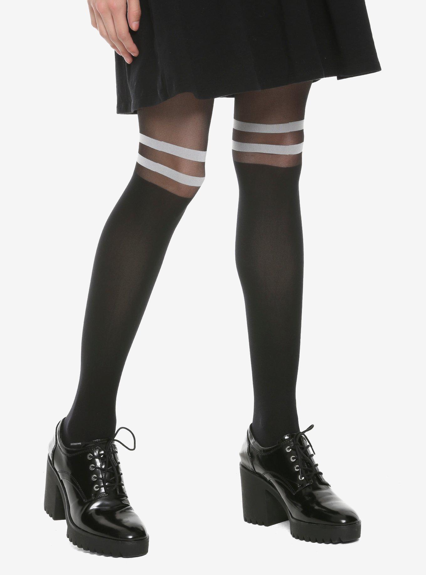 Varsity Stripe Faux Thigh High Tights, BLACK, hi-res