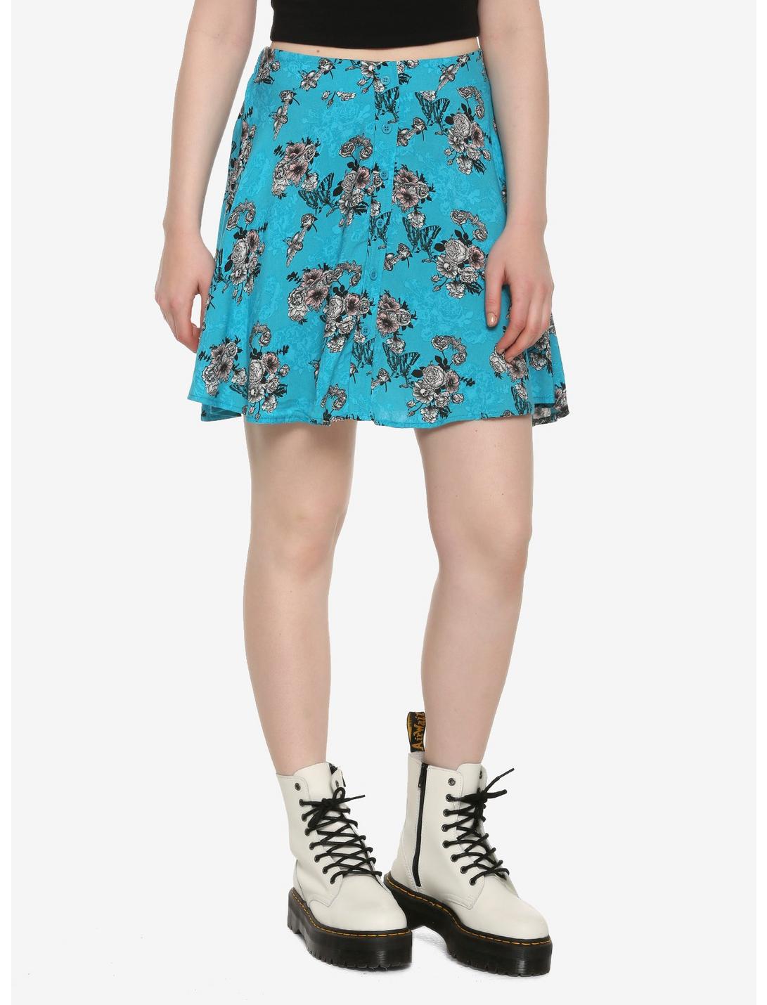 Teal Floral Skull Skirt, TEAL, hi-res