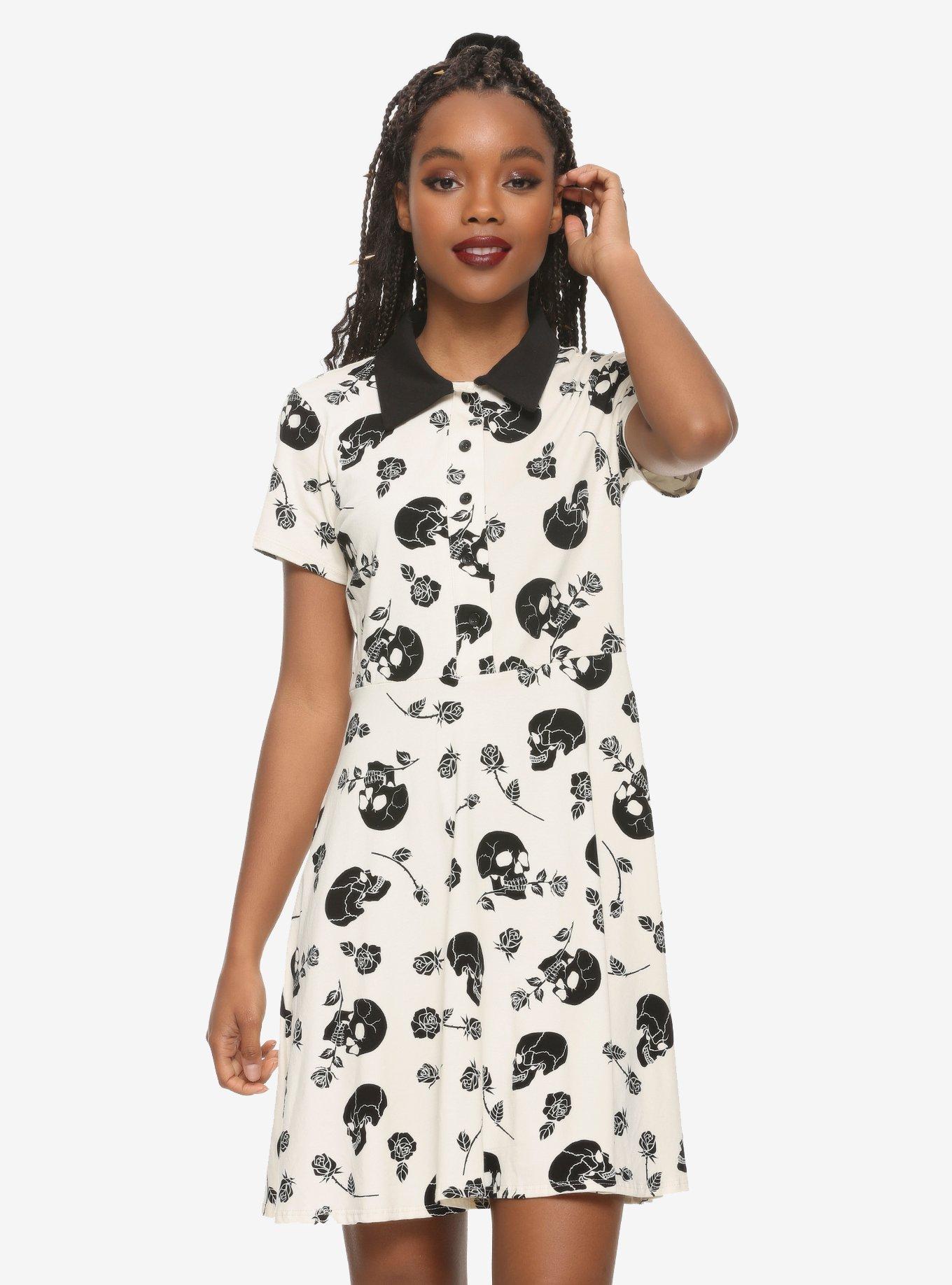 Cream & Black Skull Collared Dress, FLORAL, hi-res