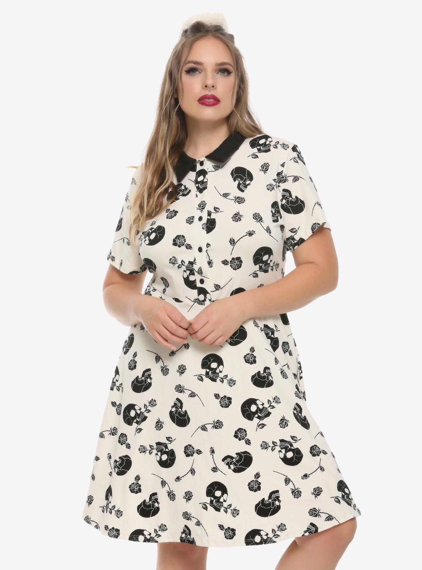 Cream & Black Skull Collared Dress Plus Size, FLORAL, hi-res