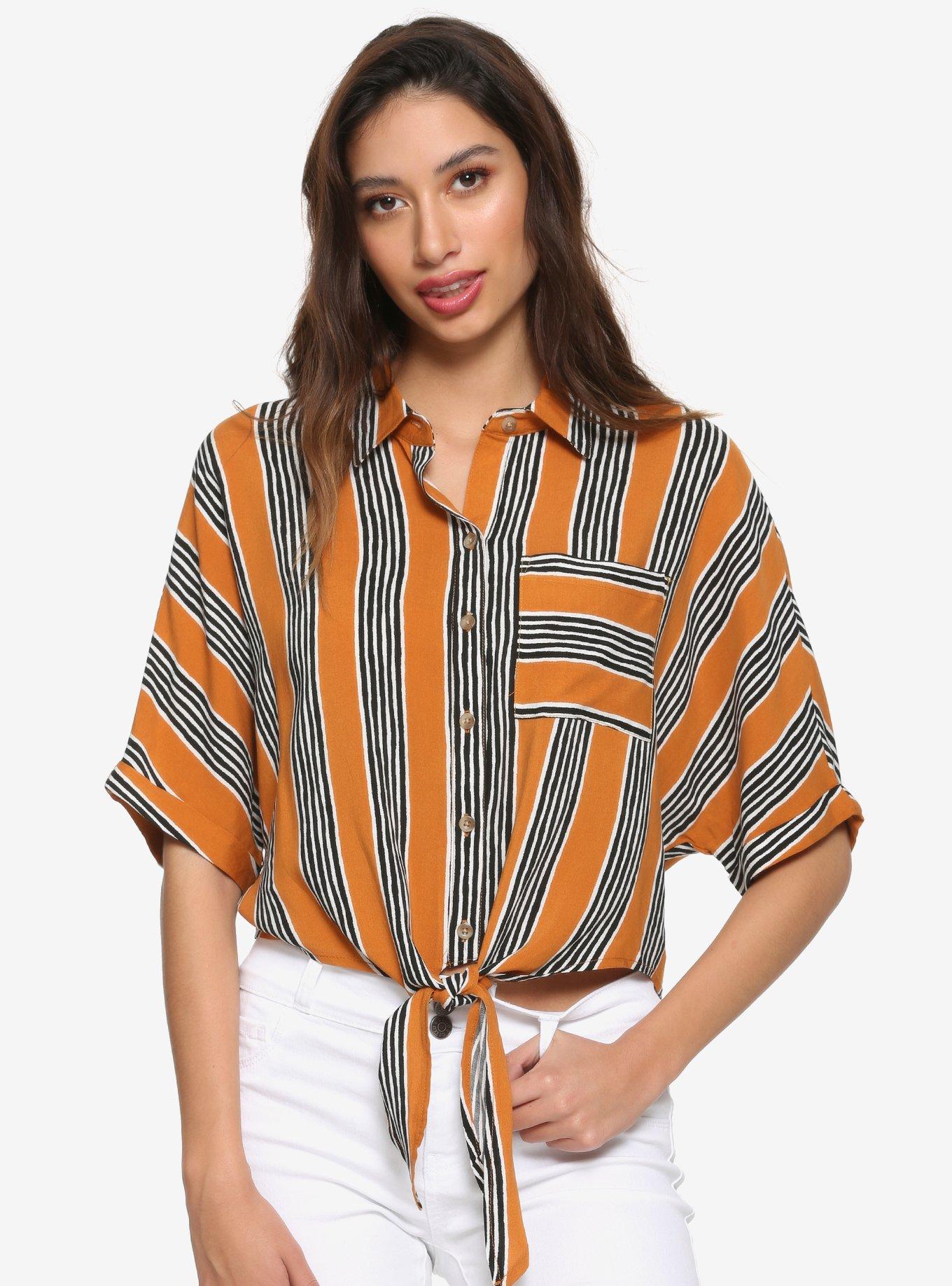 Mustard Stripe Tie-Front Girls Crop Button-Up Woven | Hot Topic