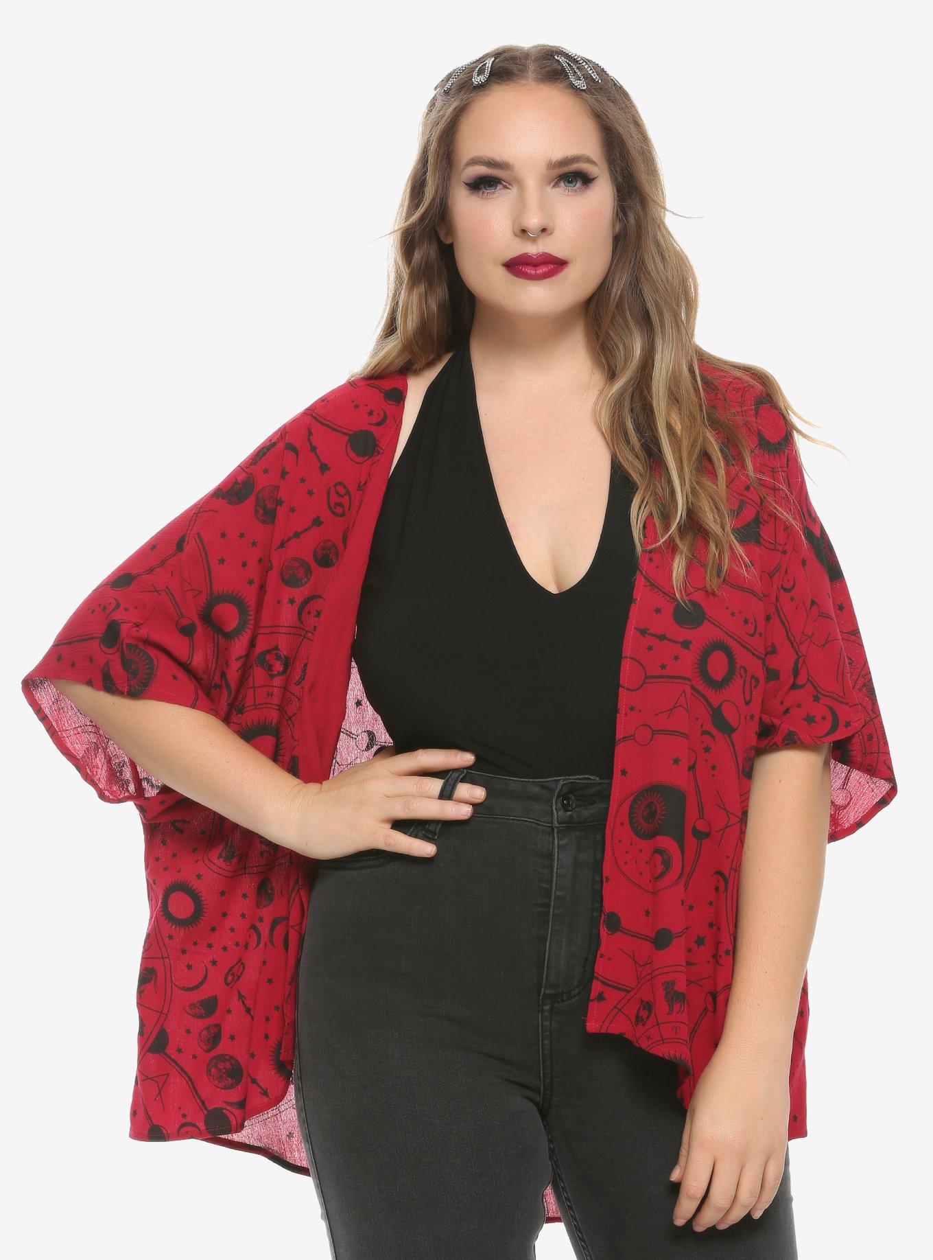 Burgundy Astrology Print Kimono Plus Size, BURGUNDY, hi-res