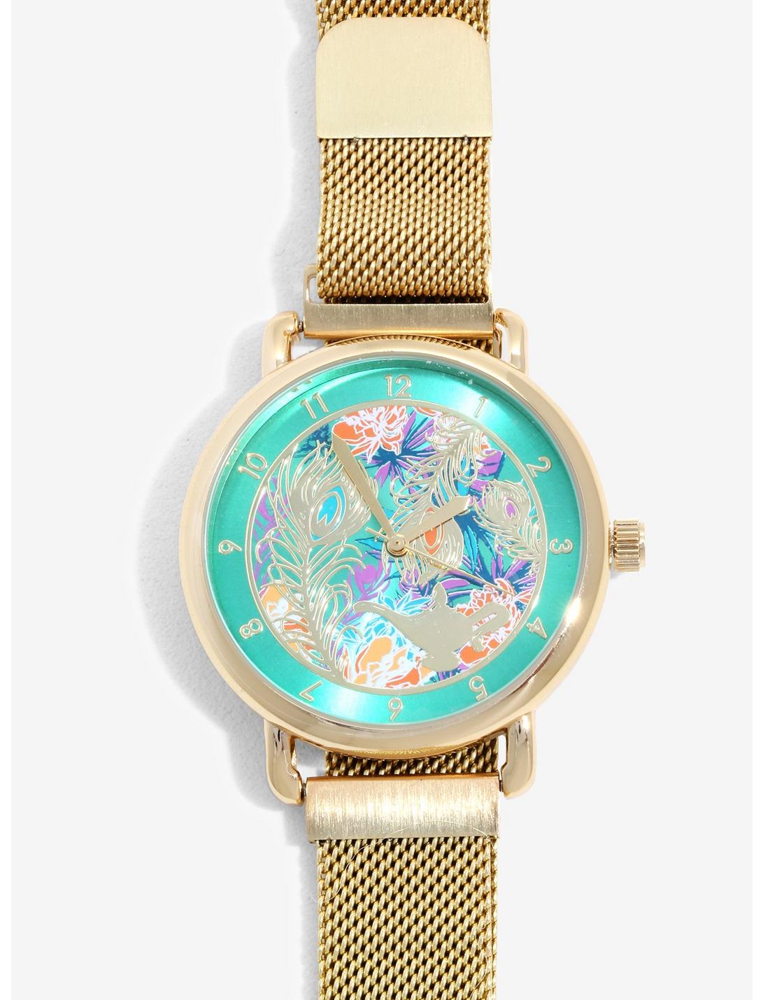 Disney Aladdin Peacock Feather Gold Mesh Watch - BoxLunch Exclusive, , hi-res