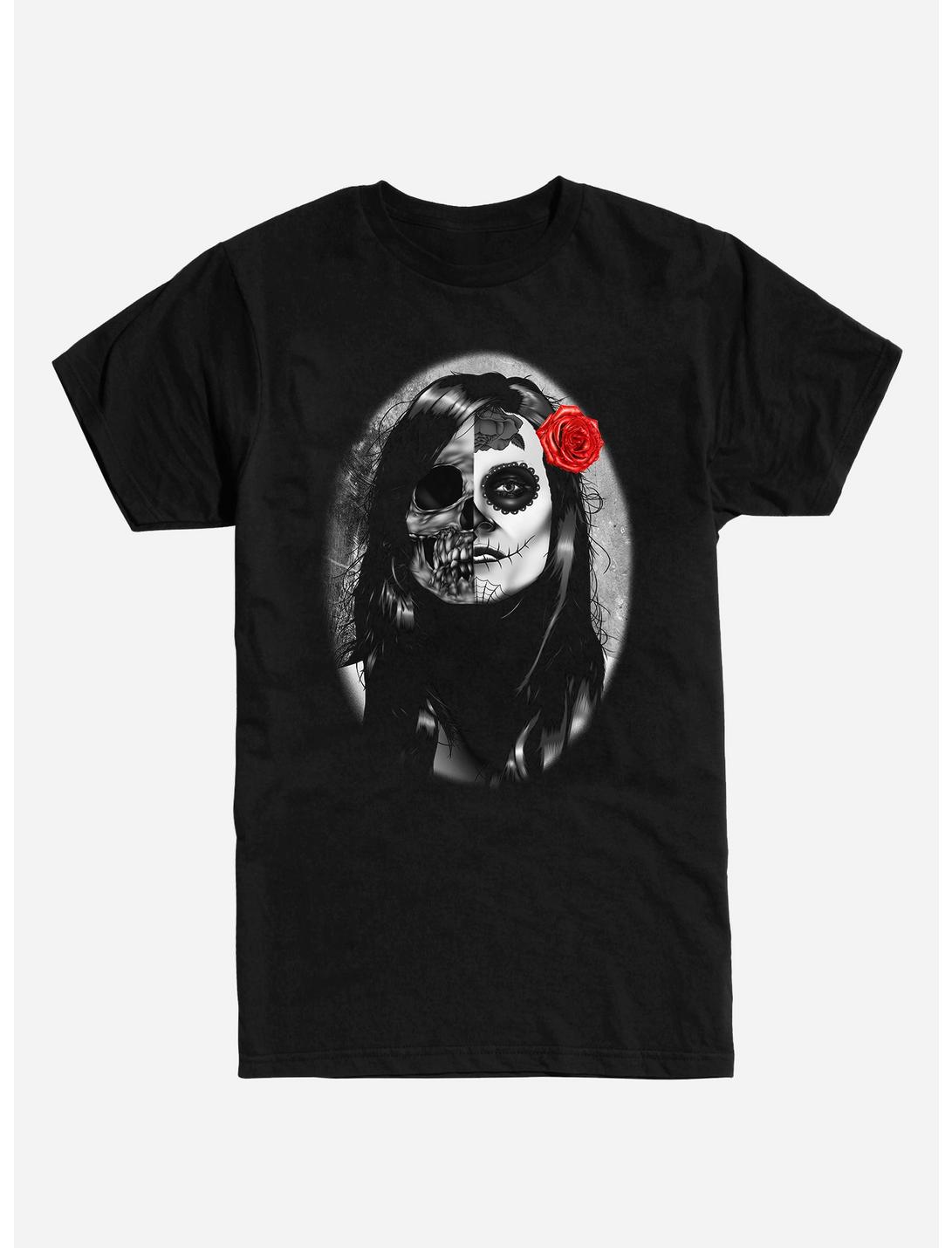 Muertos Girl Half Skull T-Shirt, BLACK, hi-res