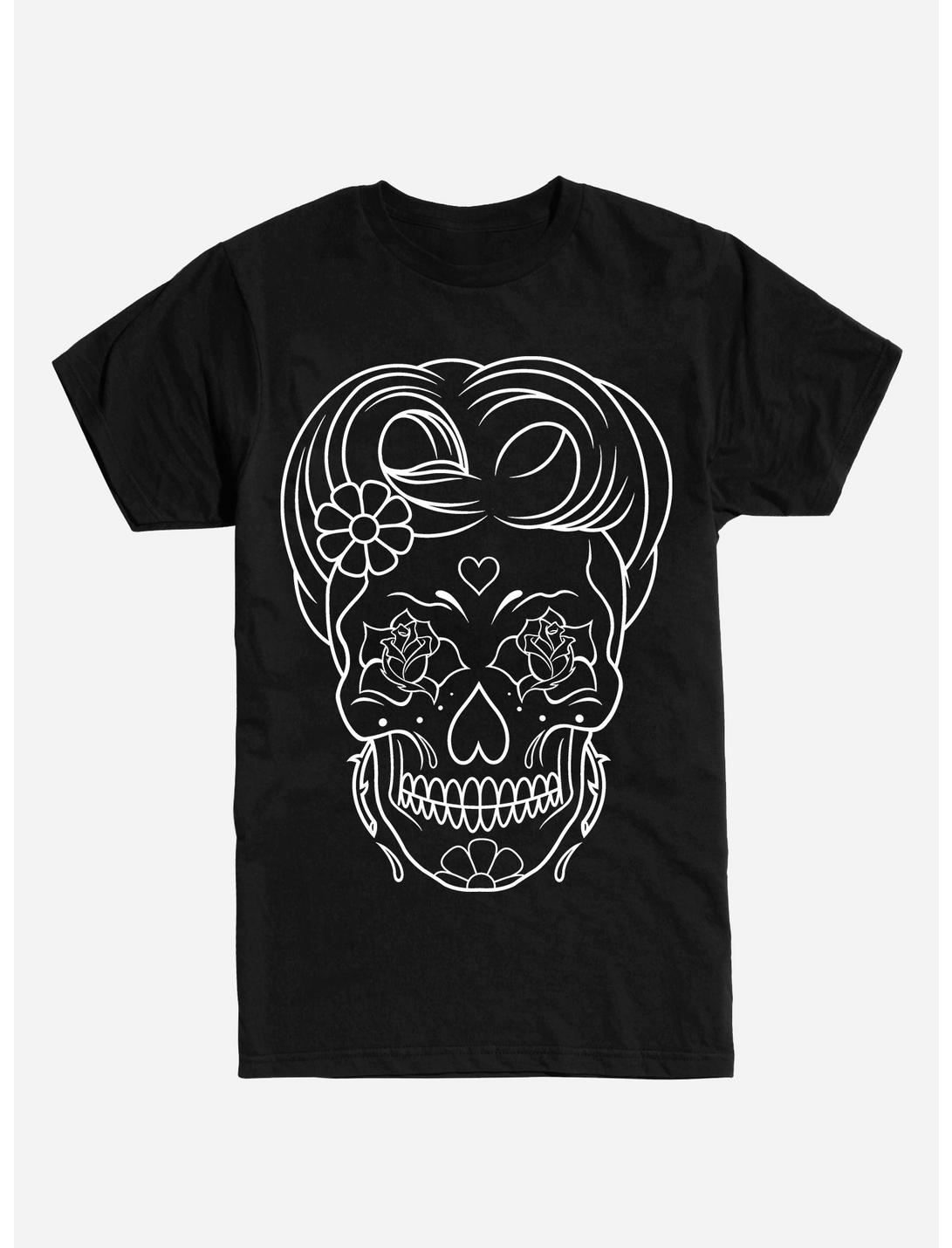 Line Art Sugar Skull T-Shirt, BLACK, hi-res