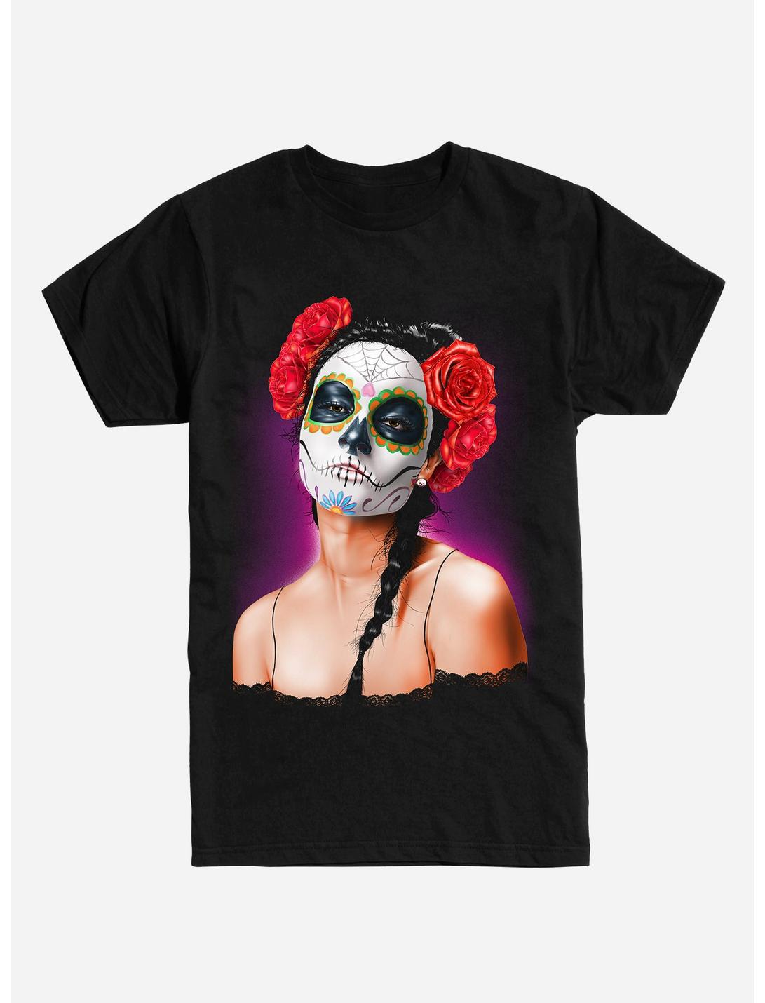Muertos Girl Sugar Skull Makeup T-Shirt, BLACK, hi-res