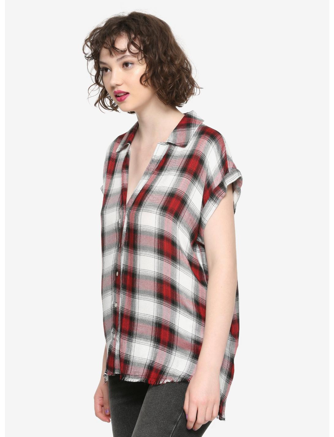 Red Black & White Plaid Girls Button-Up Woven Top, PLAID, hi-res