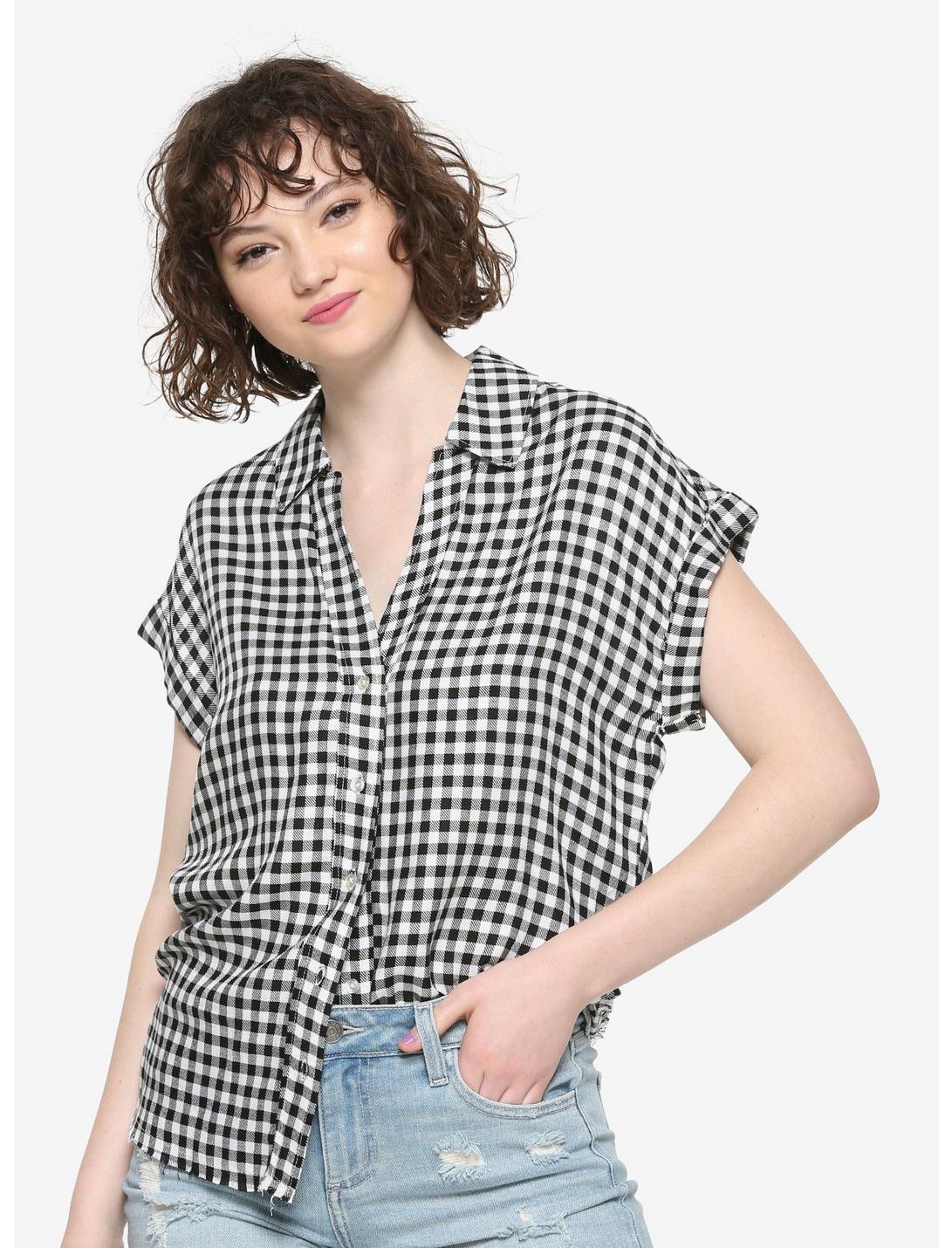 Black & White Gingham Girls Button-Up Woven Top, PLAID, hi-res