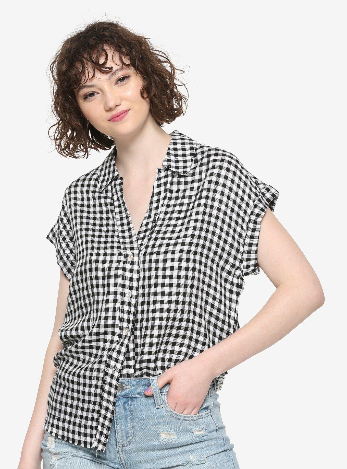 Black & White Gingham Girls Button-Up Woven Top, PLAID, hi-res
