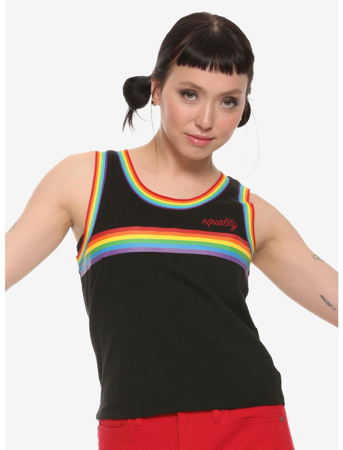 Pride Equality Rainbow Trim Girls Tank Top, BLACK, hi-res