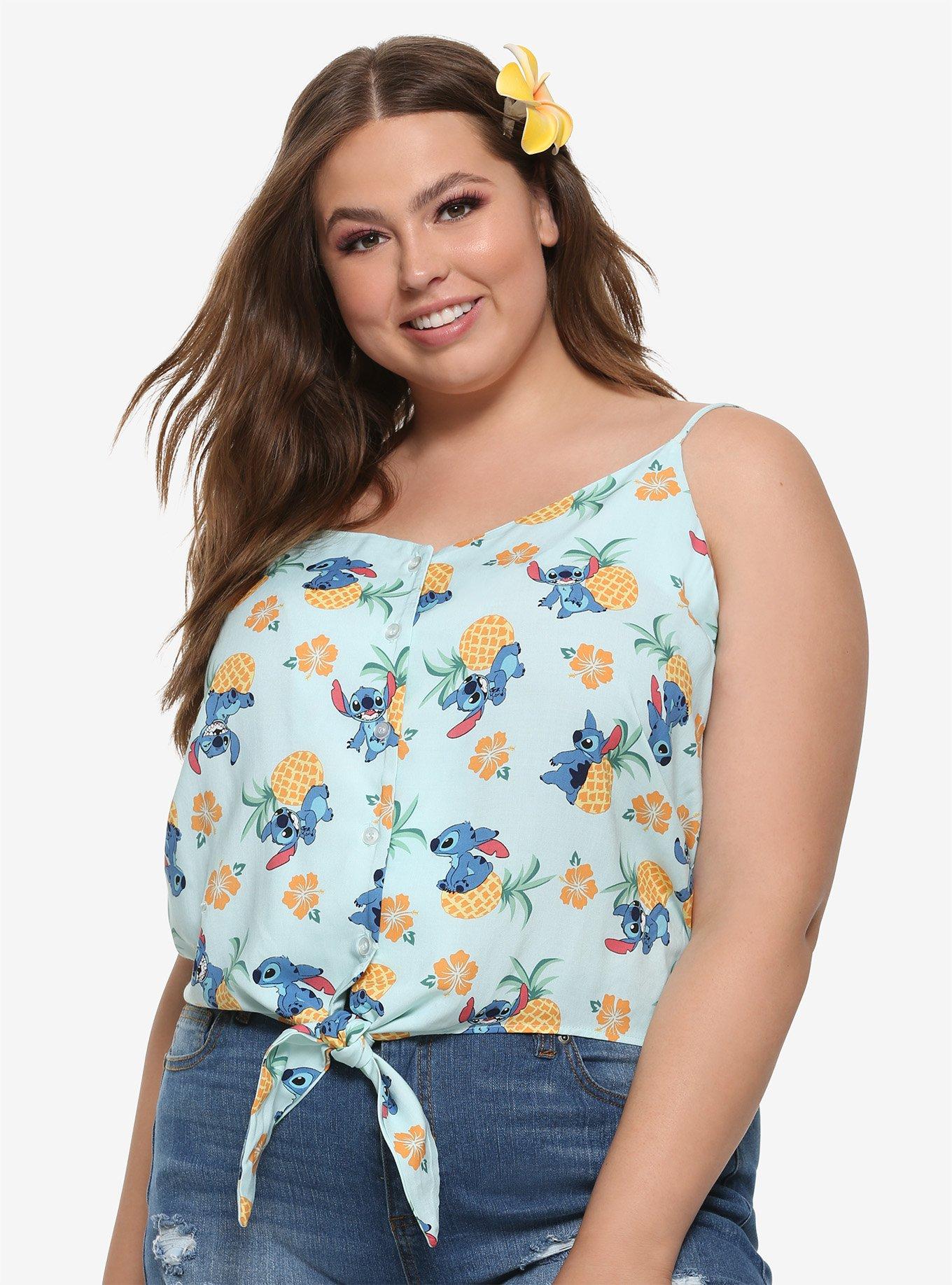 Disney Lilo & Stitch Pineapple & Hibiscus Girls Tie-Front Woven Button-Up Plus Size, MULTI, hi-res