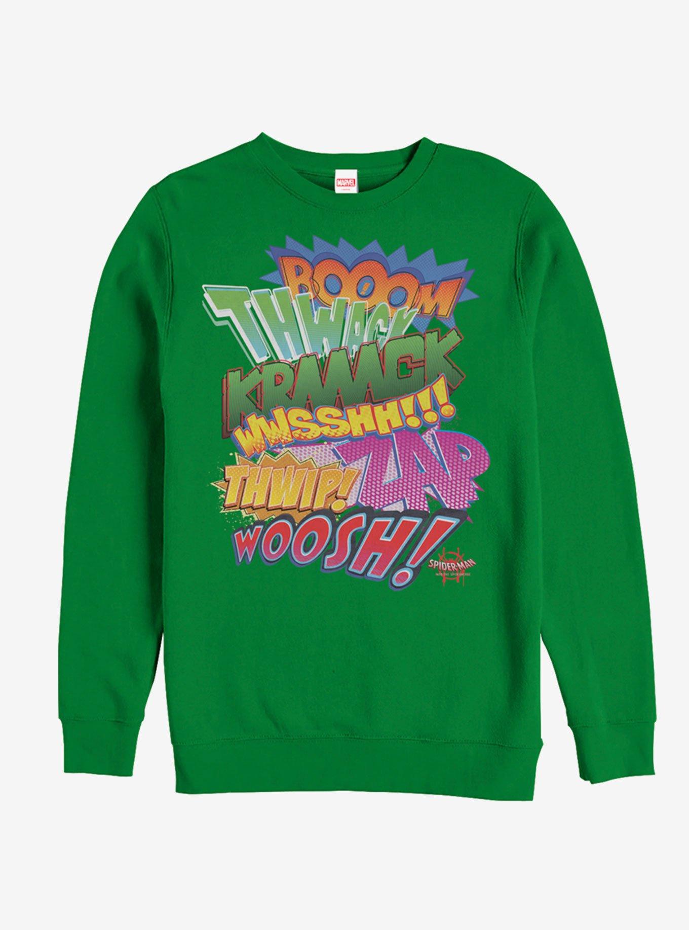 Marvel Spider-Man: Into The Spider-Verse Sound Effects Kelly Green Sweatshirt