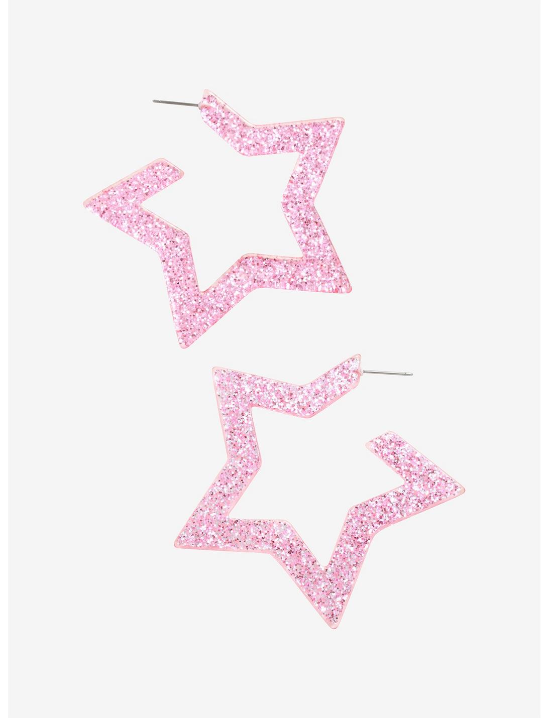 Pink Glitter Star Hoop Earrings, , hi-res
