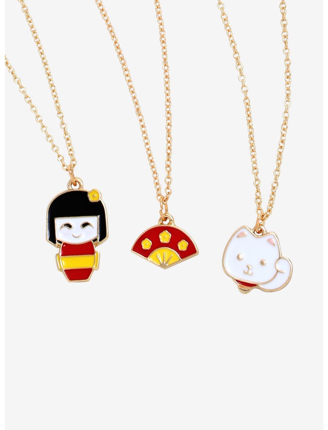 Lucky Cat Geisha Doll & Fan Gold Necklace Set, , hi-res
