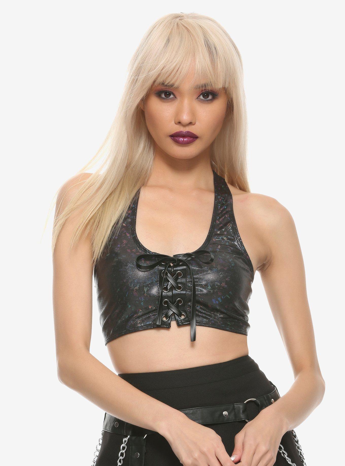 Holographic Lace-Up Bralette, MULTI, hi-res