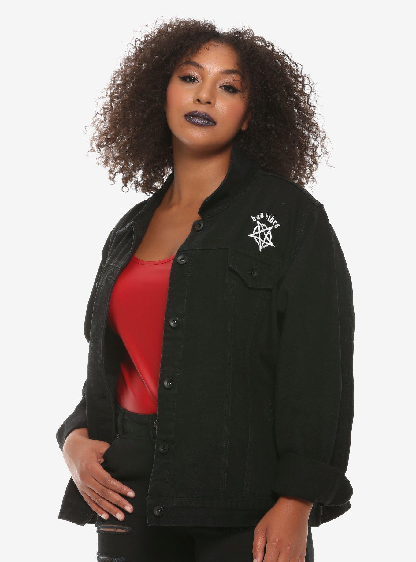 Bad Vibes Girls Denim Jacket Plus Size, BLACK, hi-res