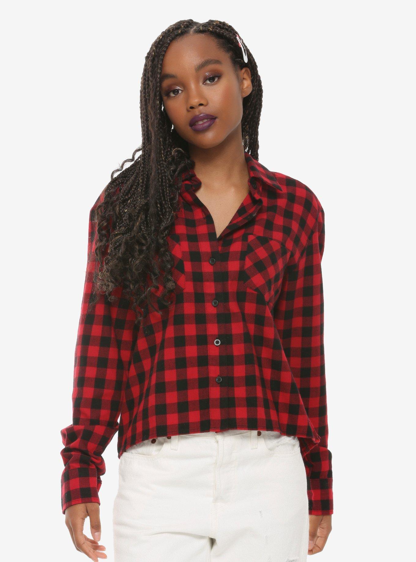 Buffalo Check Girls Crop Flannel Top, BLACK  RED, hi-res