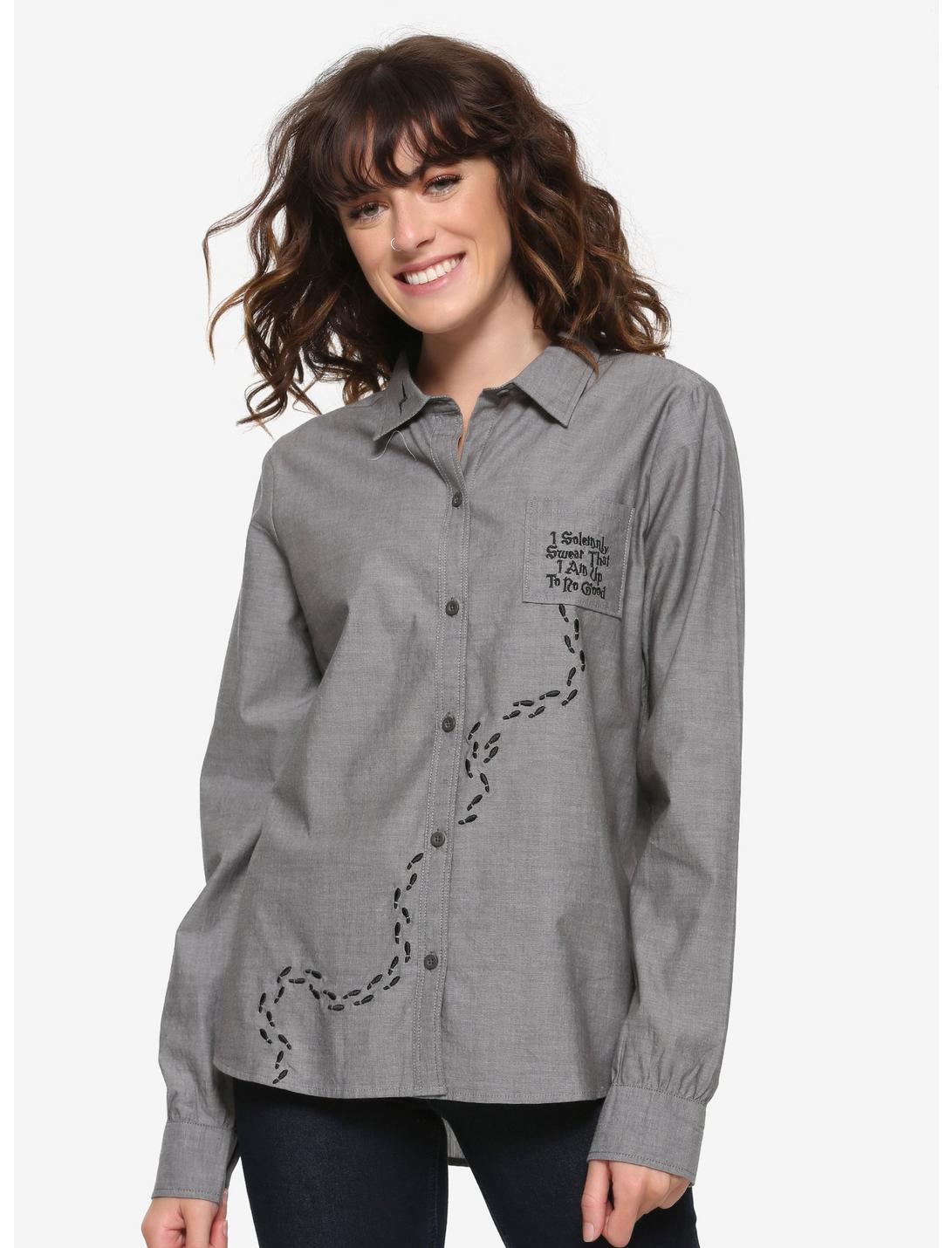 Harry Potter Up to No Good Women's Woven Button-Up - BoxLunch Exclusive, CHARCOAL, hi-res