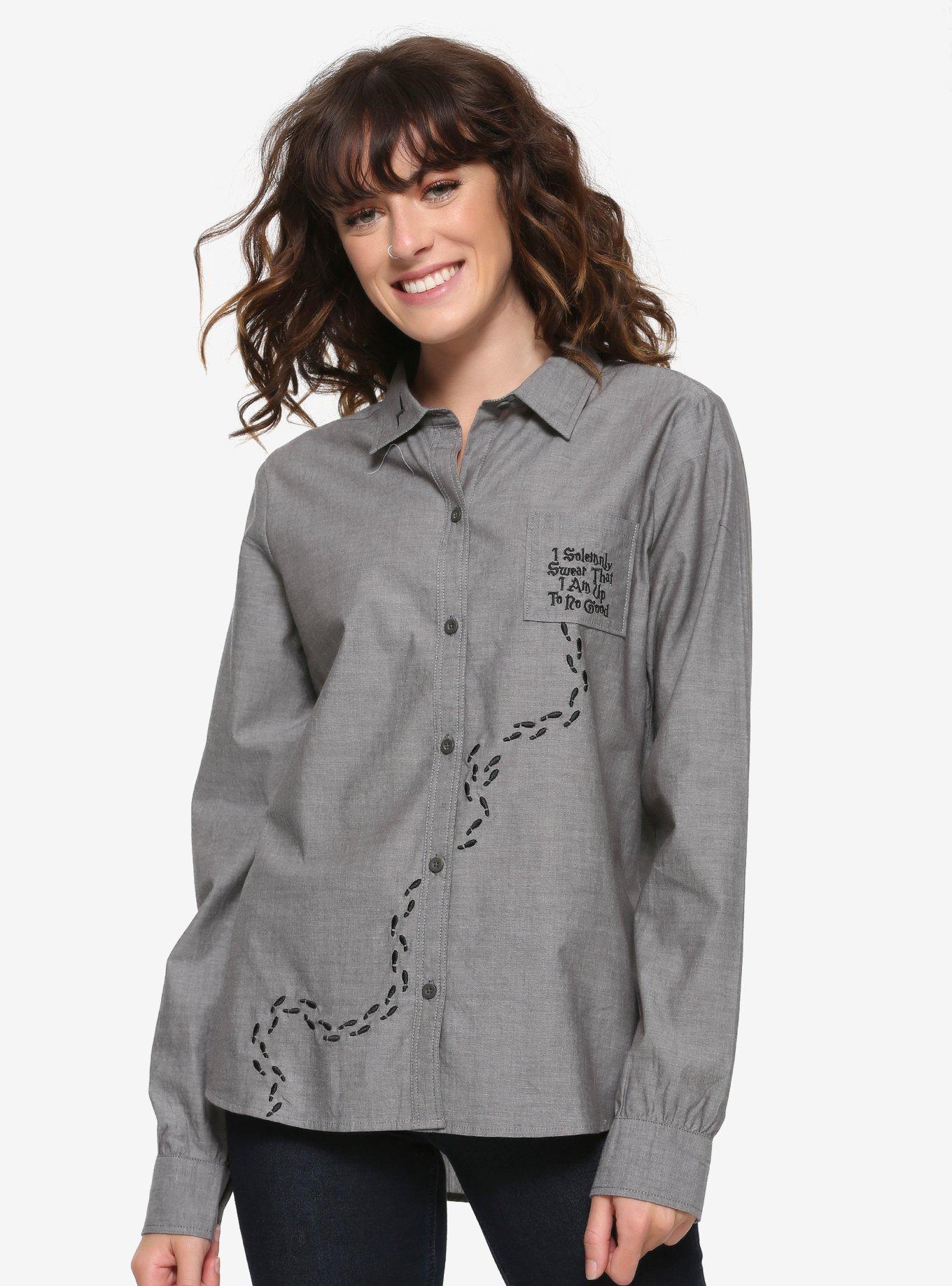 Harry Potter Up to No Good Women's Woven Button-Up - BoxLunch Exclusive, CHARCOAL, hi-res