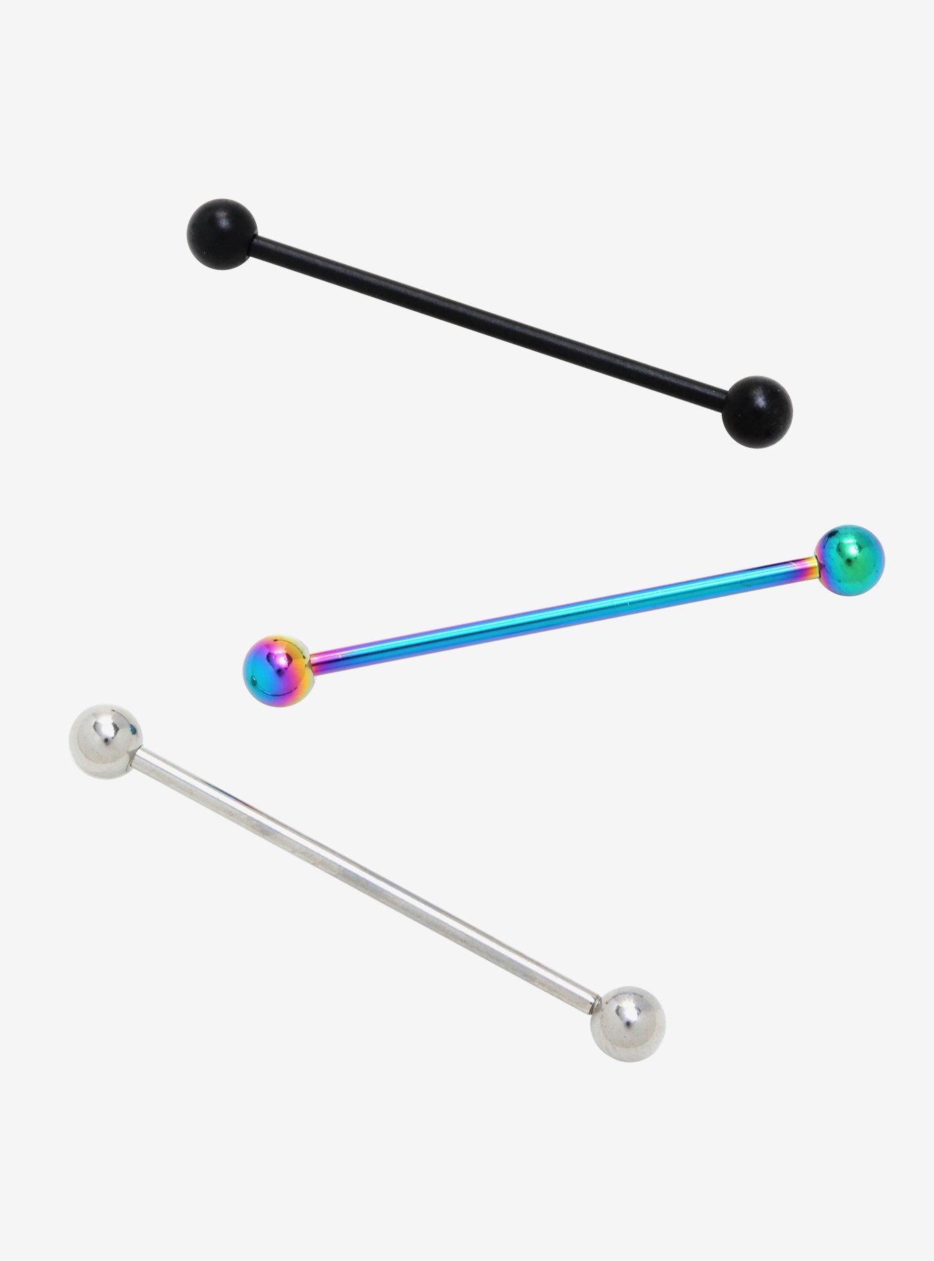 14G 1 1/2 Steel Rainbow Black & Silver Industrial Barbell 3 Pack, , hi-res