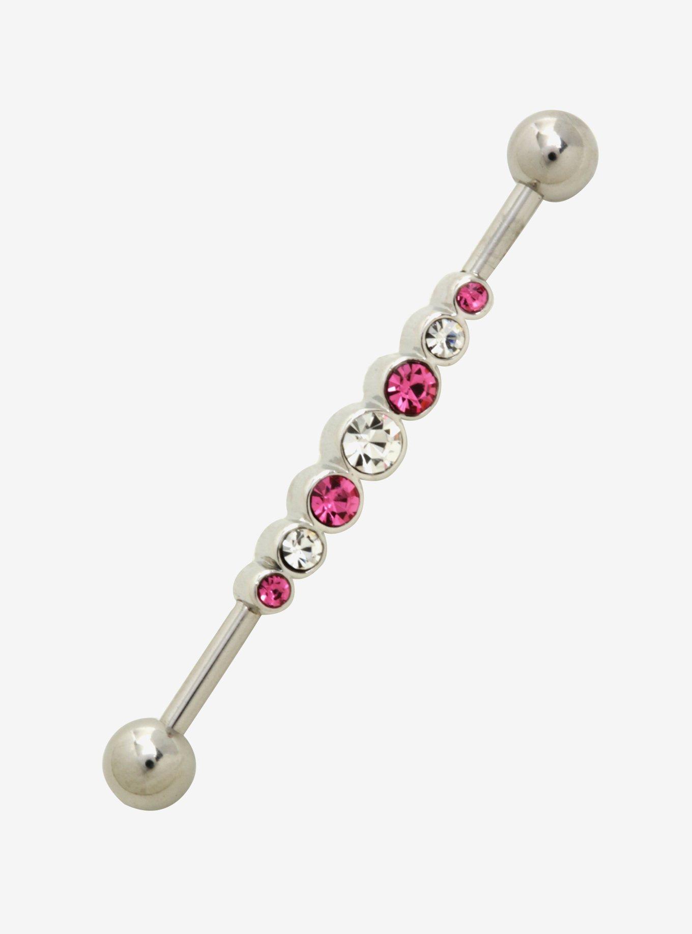 14G 1 1/2 Steel Pink & White CZ Industrial Barbell, , hi-res