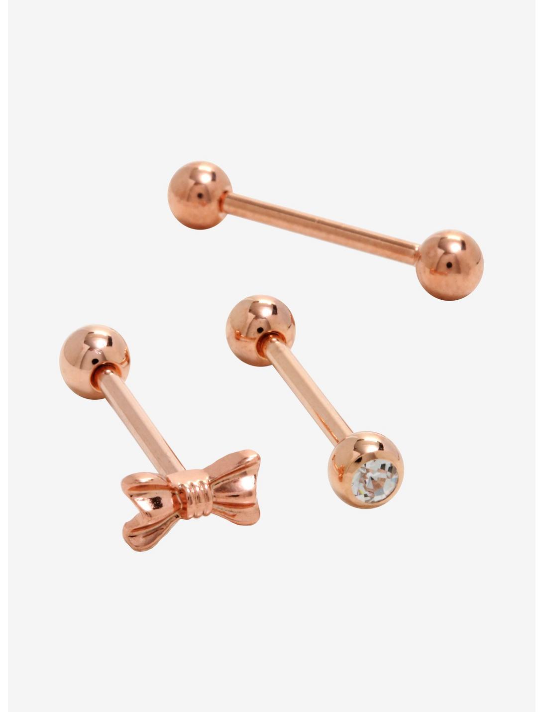 14G Steel Rose Gold Bow Barbell & Retainer 4 Pack, , hi-res