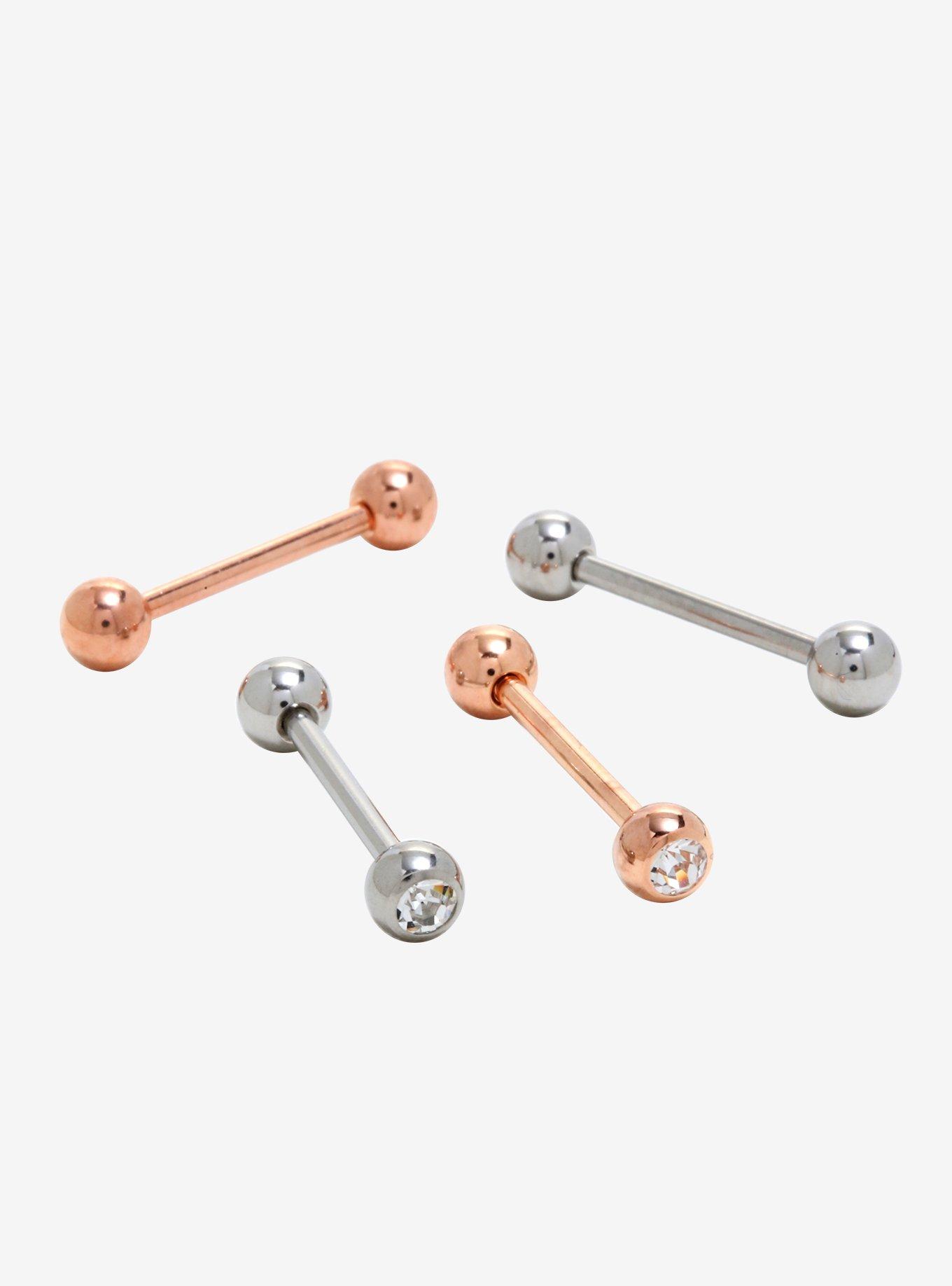14G Steel Silver & Rose Gold Clear CZ Barbell 4 Pack, , hi-res