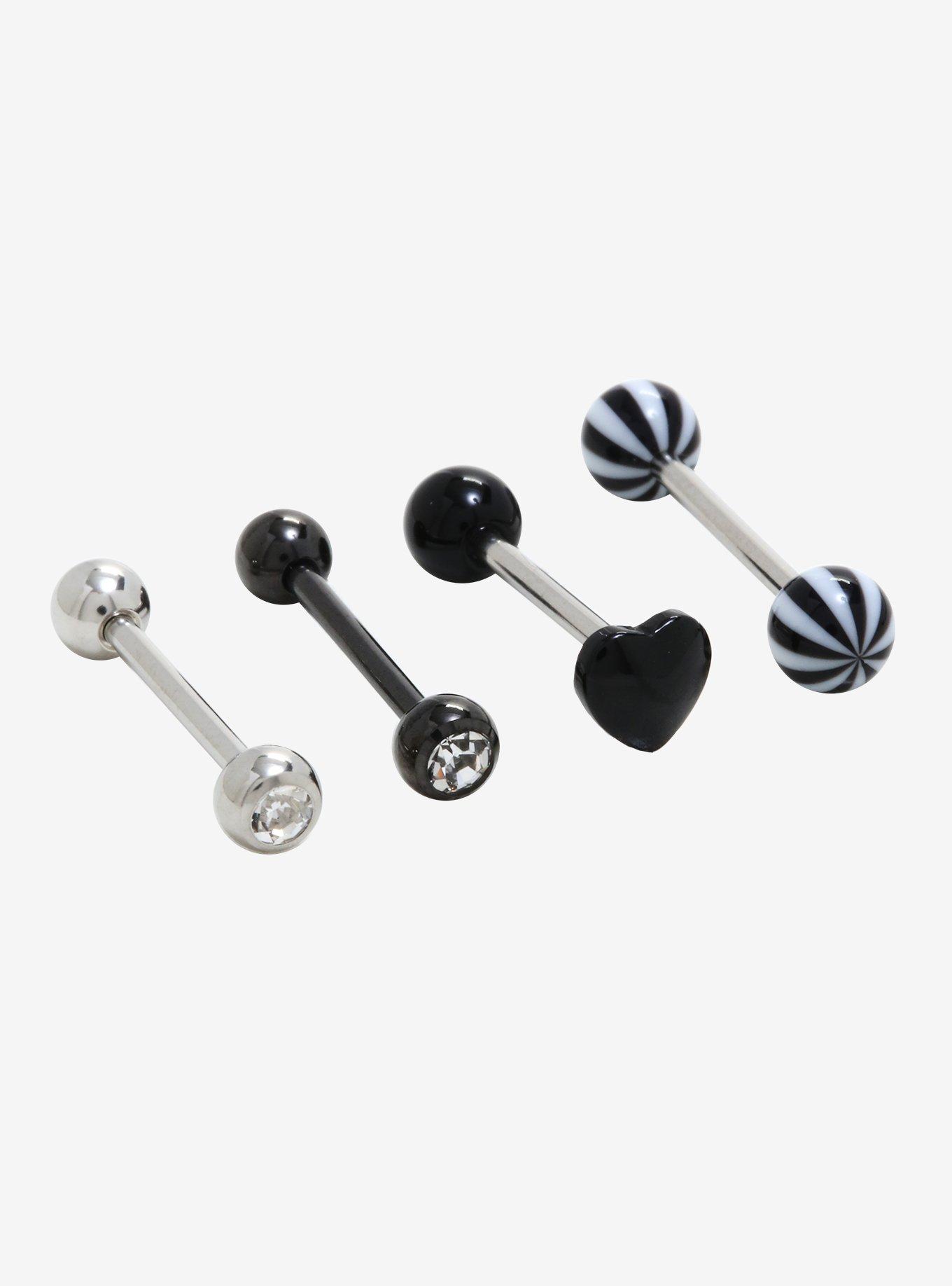 14G Steel Striped Heart CZ Barbell 4 Pack, , hi-res