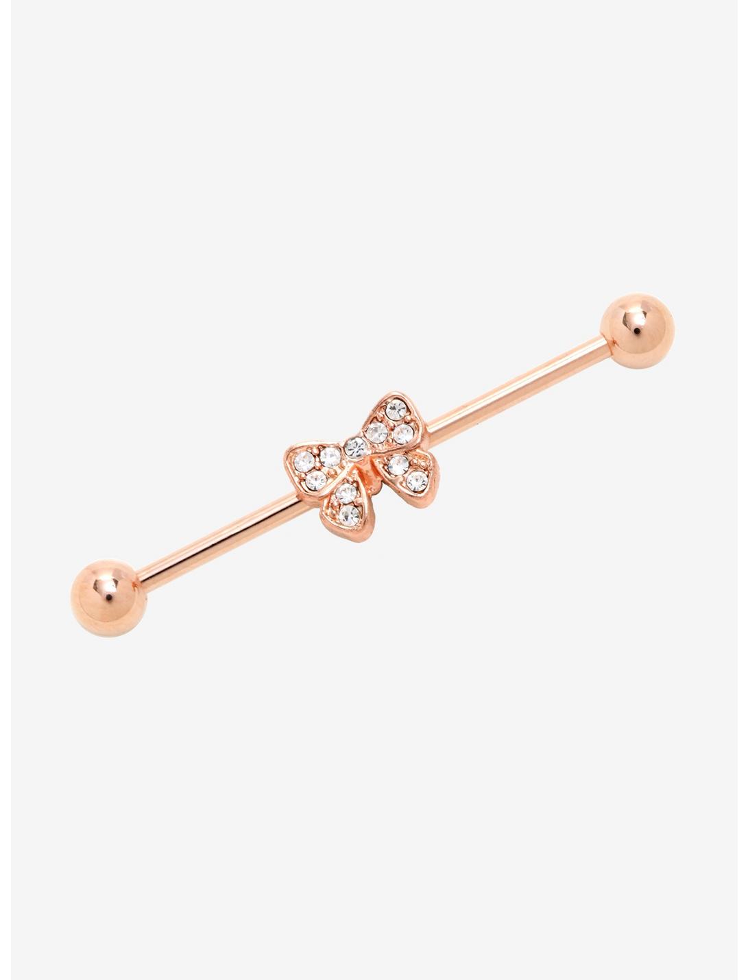 14G 1 1/2" Steel Rose Gold Bow Industrial Barbell, , hi-res