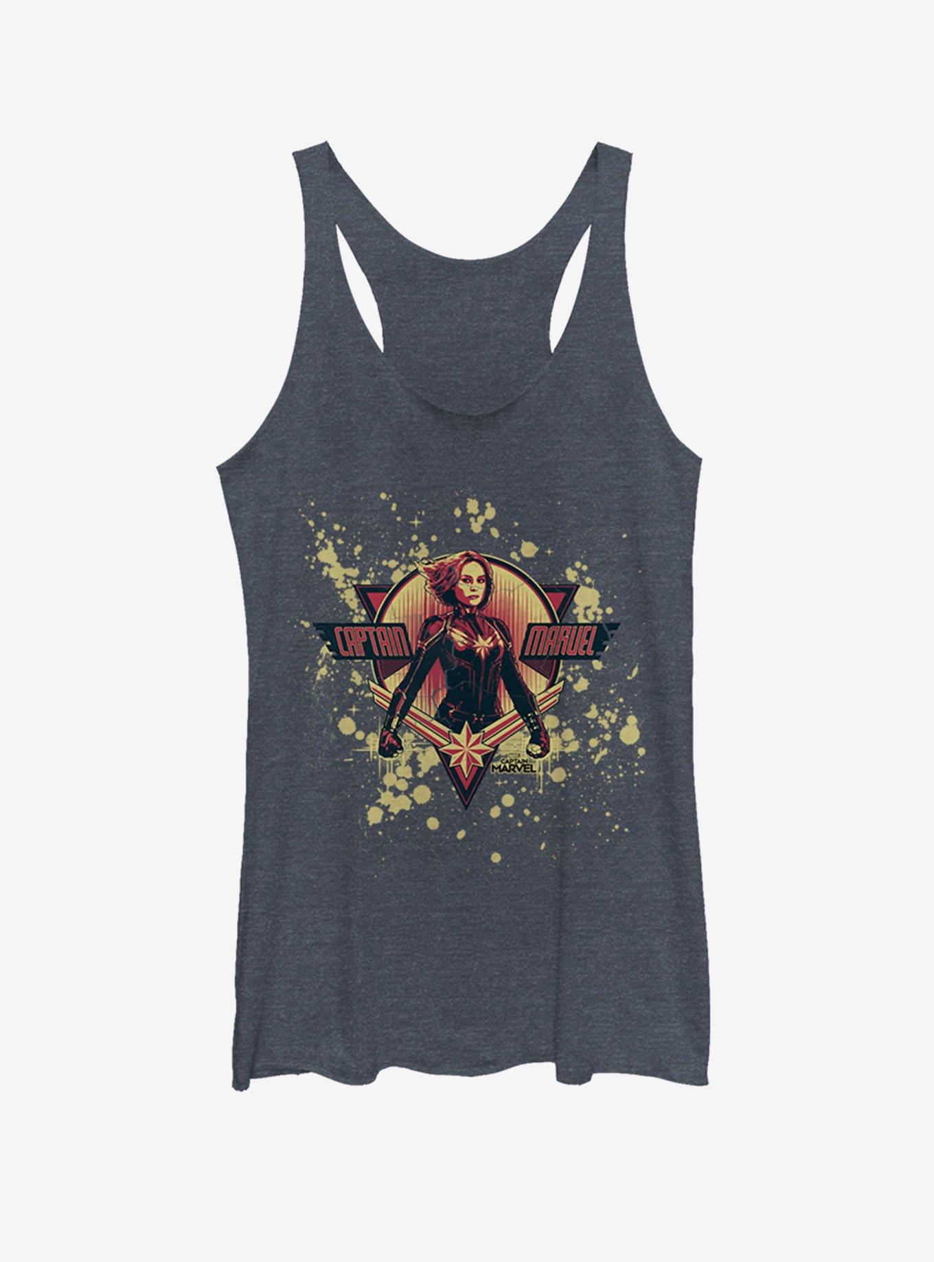 Marvel Captain Marvel Splatter Logo Girls Tank Top, NAVY HTR, hi-res