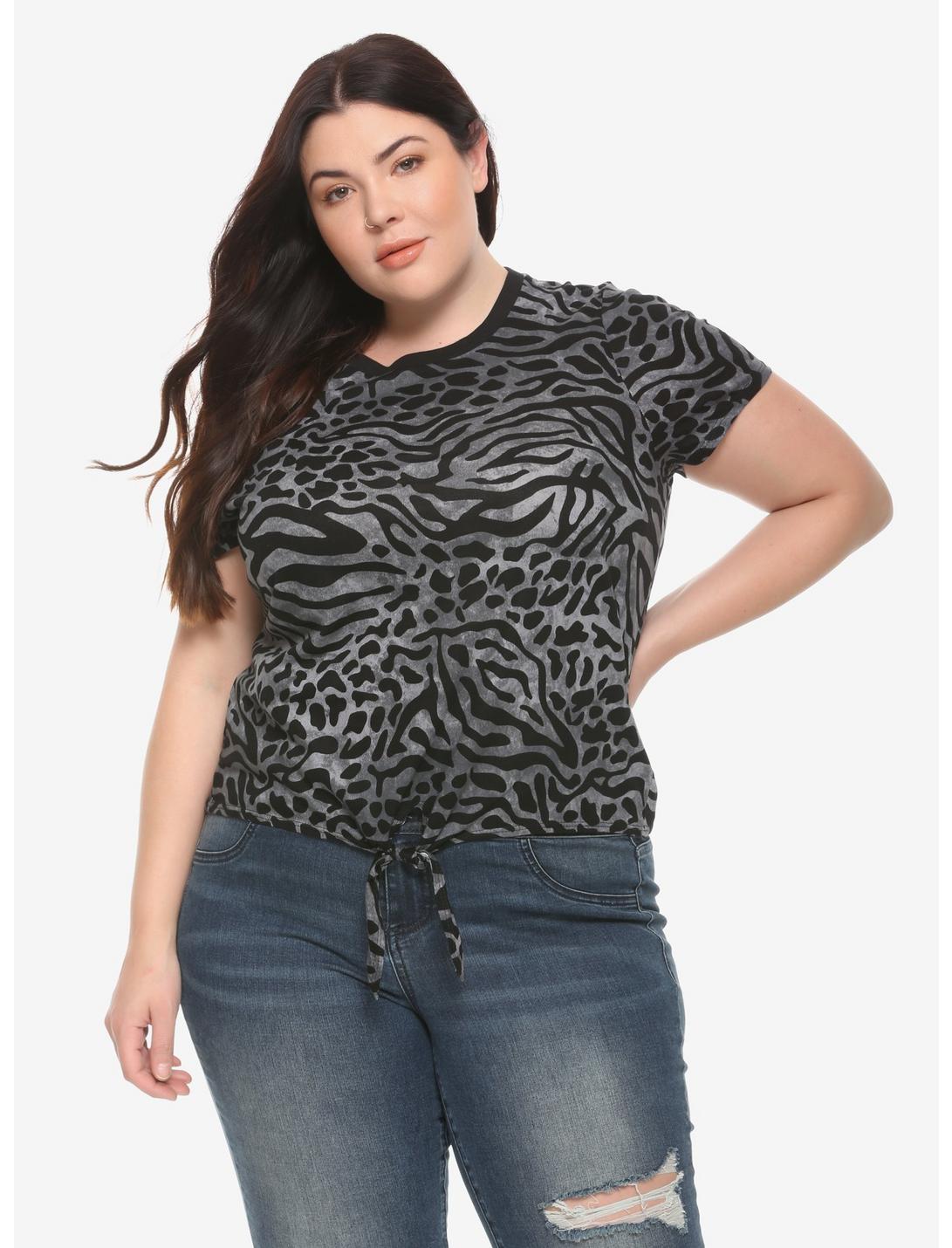 Grey Animal Print Girls Tie-Front T-Shirt Plus Size, ANIMAL, hi-res