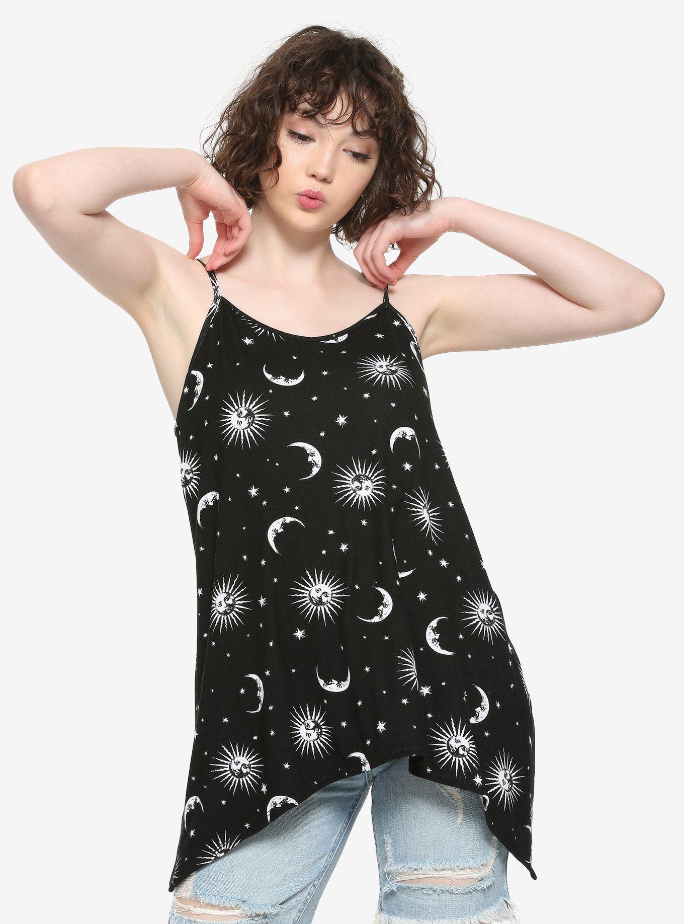 Sun Moon & Stars Crossed Straps Girls Tank Top, BLACK, hi-res