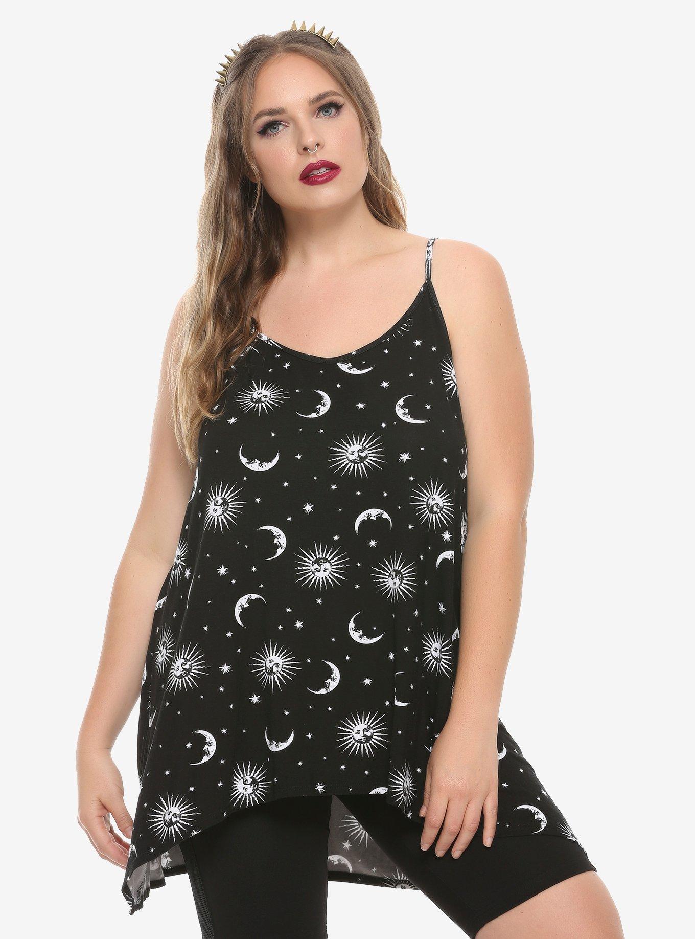 Sun Moon & Stars Crossed Straps Girls Tank Top Plus Size, BLACK, hi-res