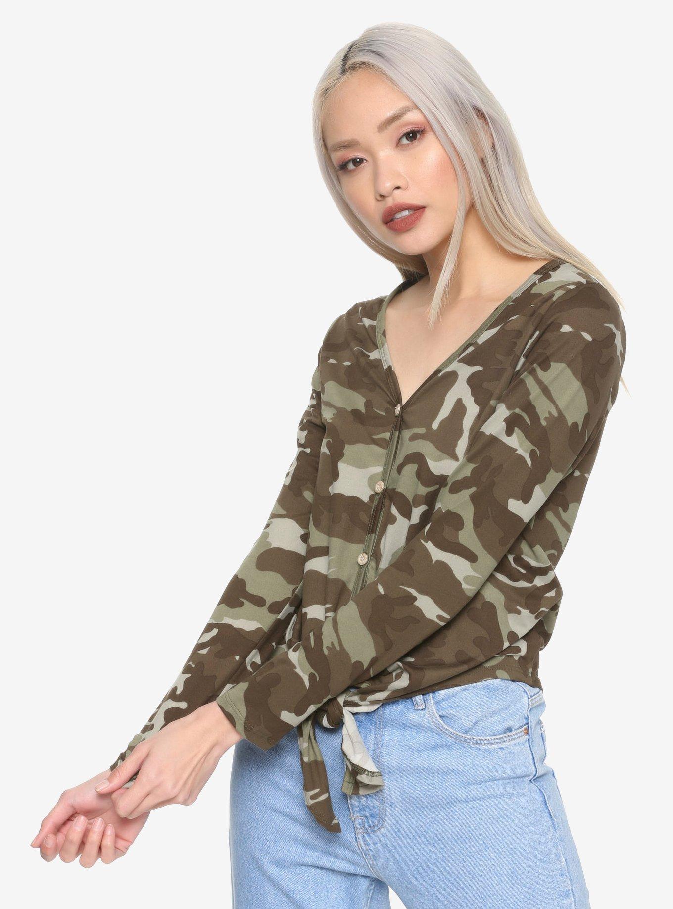 Green Camo Tie-Front Girls Top, ARMY GREEN, hi-res