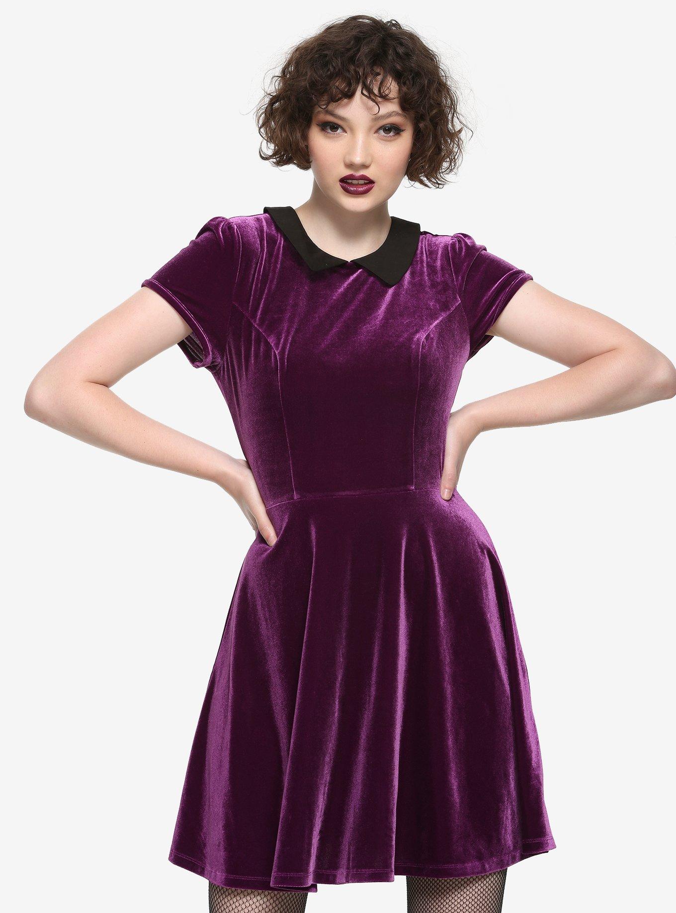 Purple Velvet Collared Dress, BURGUNDY, hi-res