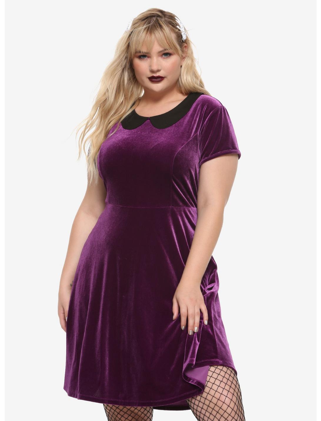 Purple Velvet Collared Dress Plus Size, BURGUNDY, hi-res