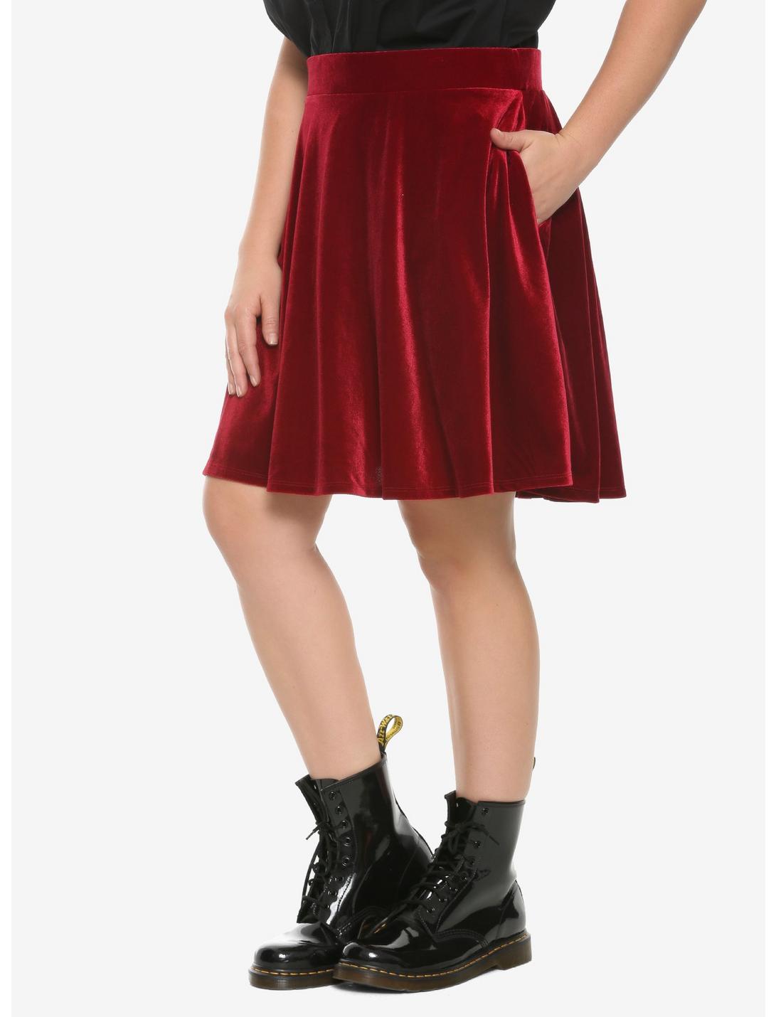 Burgundy Velvet Skater Skirt Plus Size, BURGUNDY, hi-res