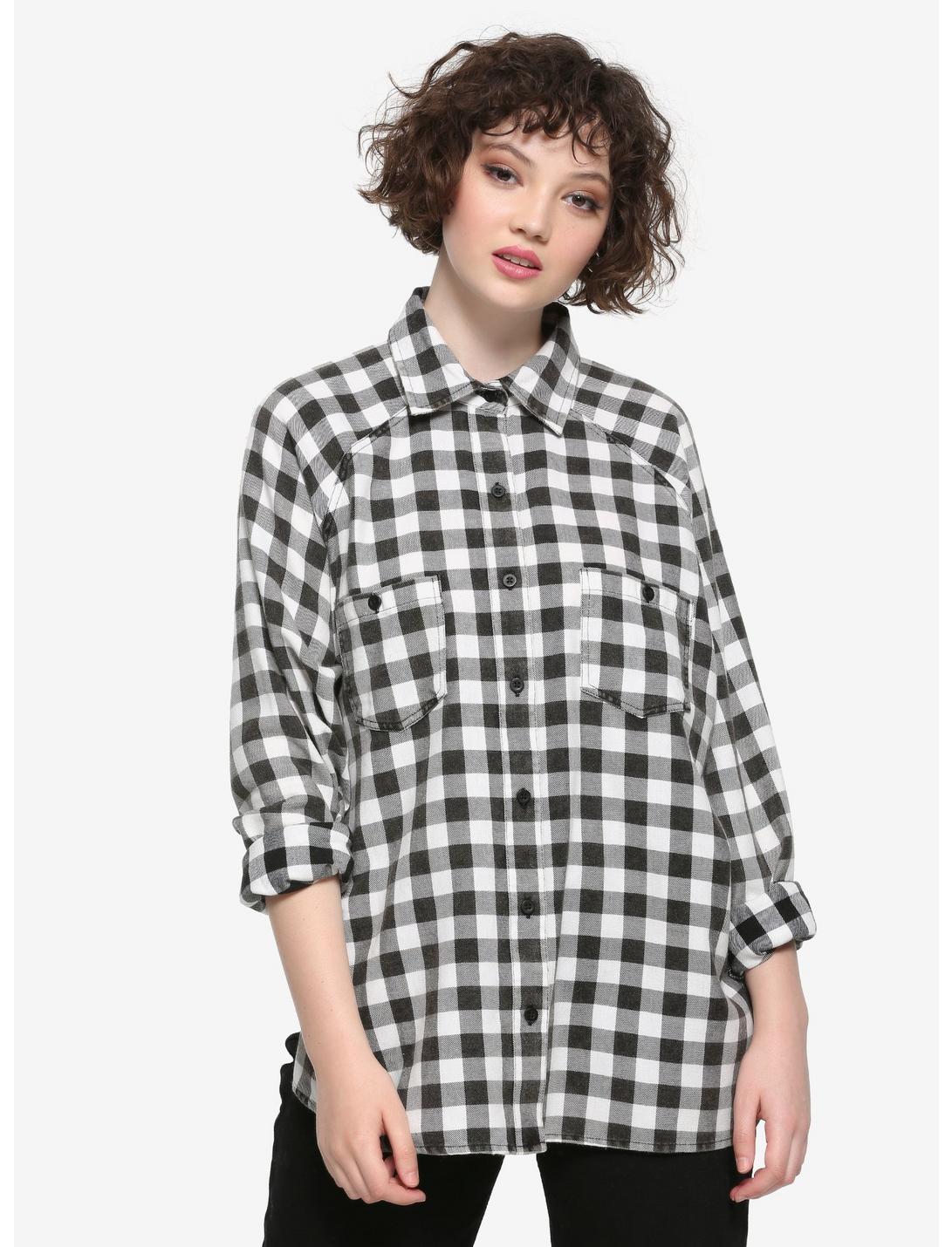 Black & White Check Girls Oversized Button-Up Flannel, BLACK, hi-res